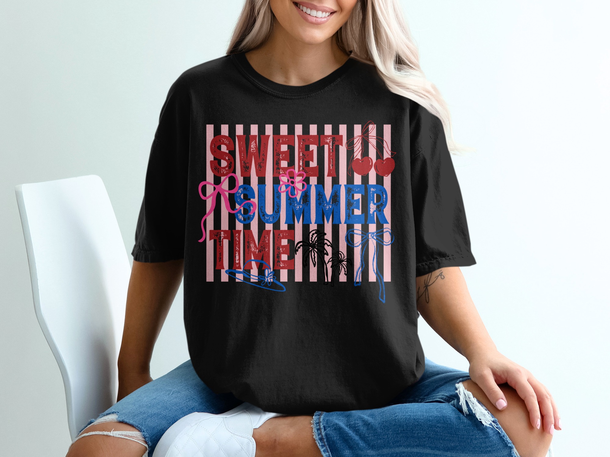 Sweet Summer Time T-Shirt, Retro Patriotic Summer Vibes Tee, Cherry Bow Palm Tree Shirt, Beach Vacation Outfit, Fourth of July Gift - Image 8
