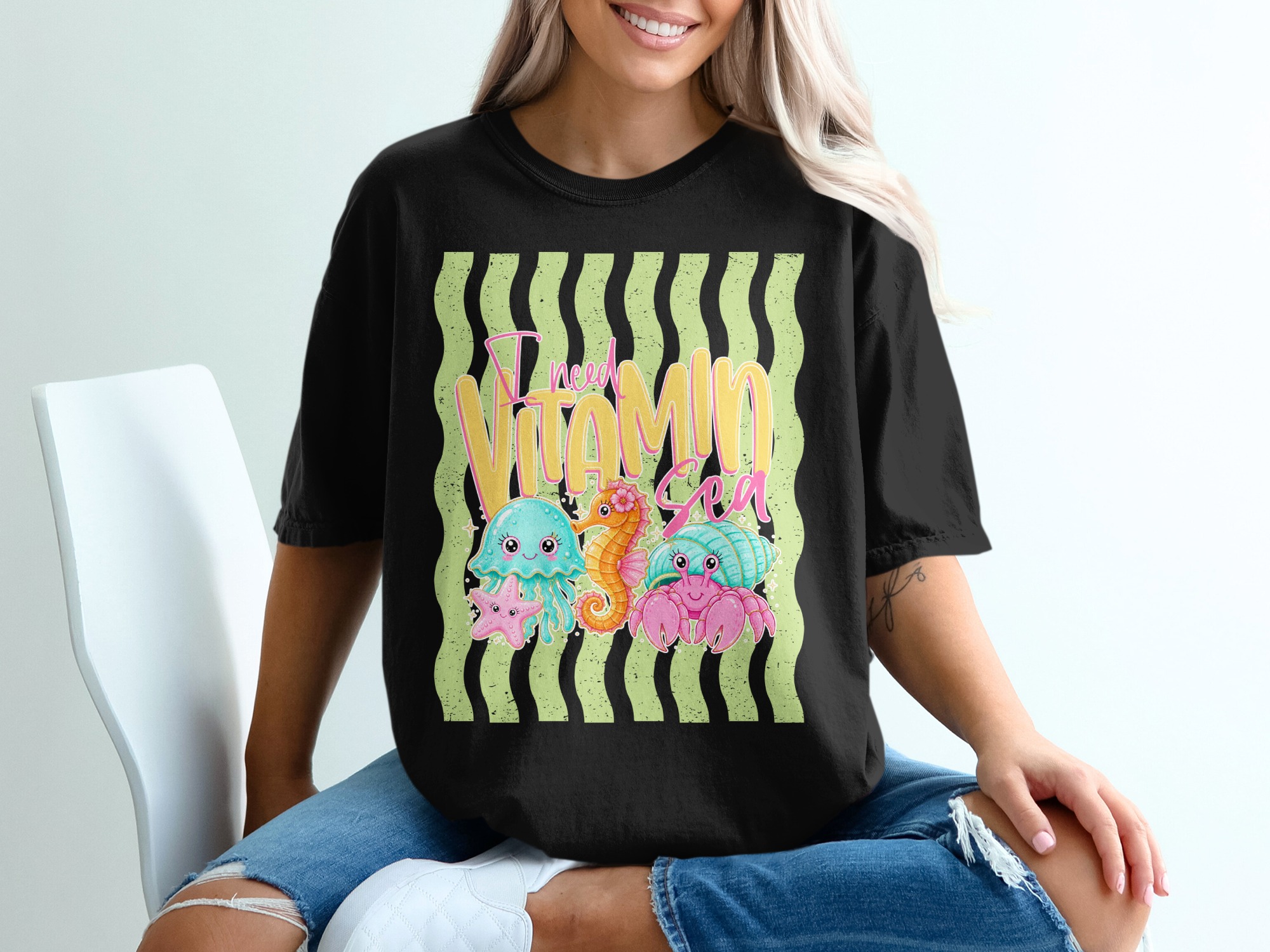 Comfort Colors® Vitamin Sea T-Shirt, Cute Ocean Animals Beach Tee, Summer Vacation Shirt, Nautical Crab Seahorse Starfish Jellyfish Gift - Image 6