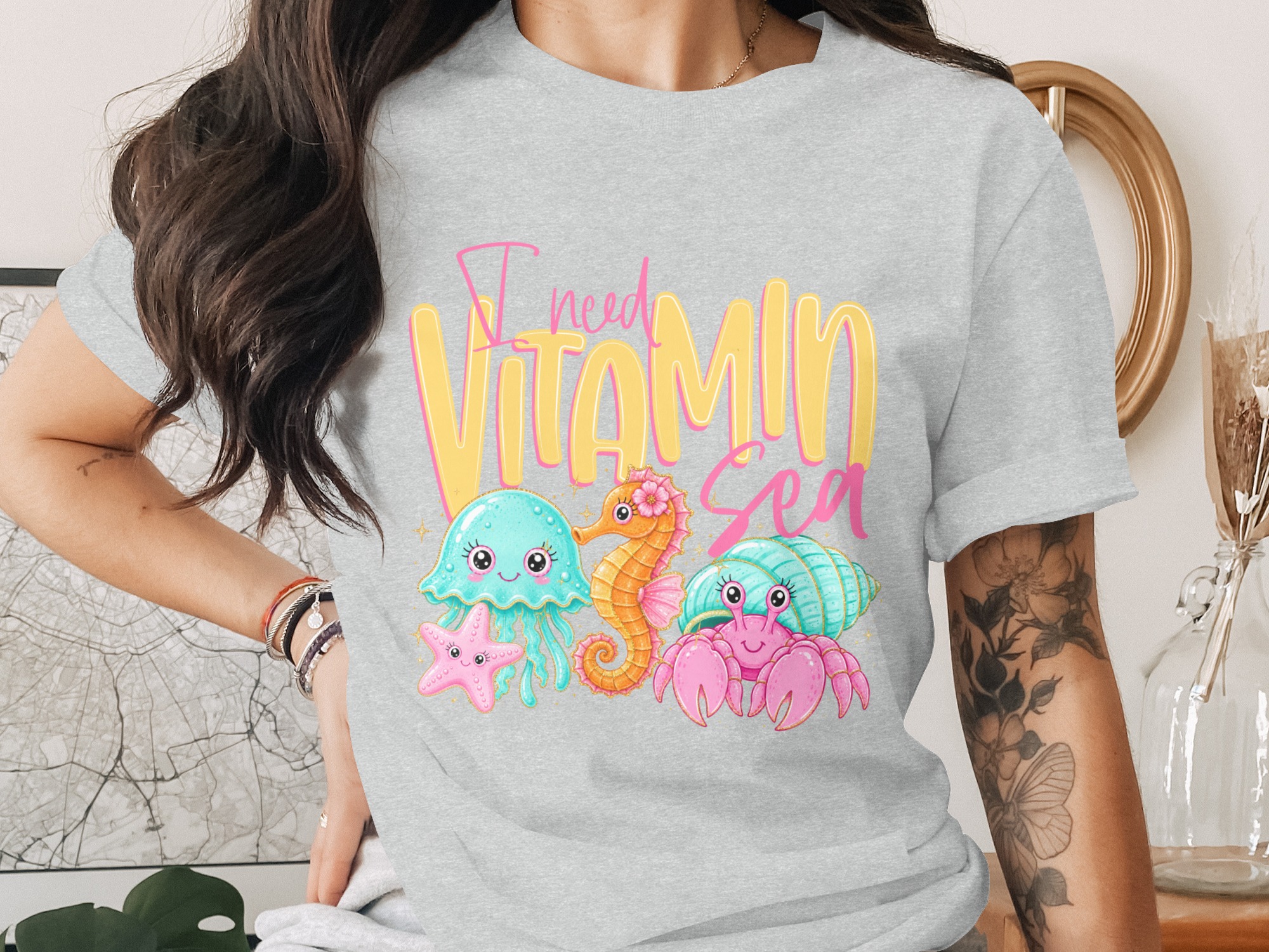 Vitamin Sea T-Shirt, Cute Ocean Lover Tee, Kawaii Beach Vacation Shirt, Faux Glitter Sea Creature Top, Summer Vibes Gift for Her - Image 2
