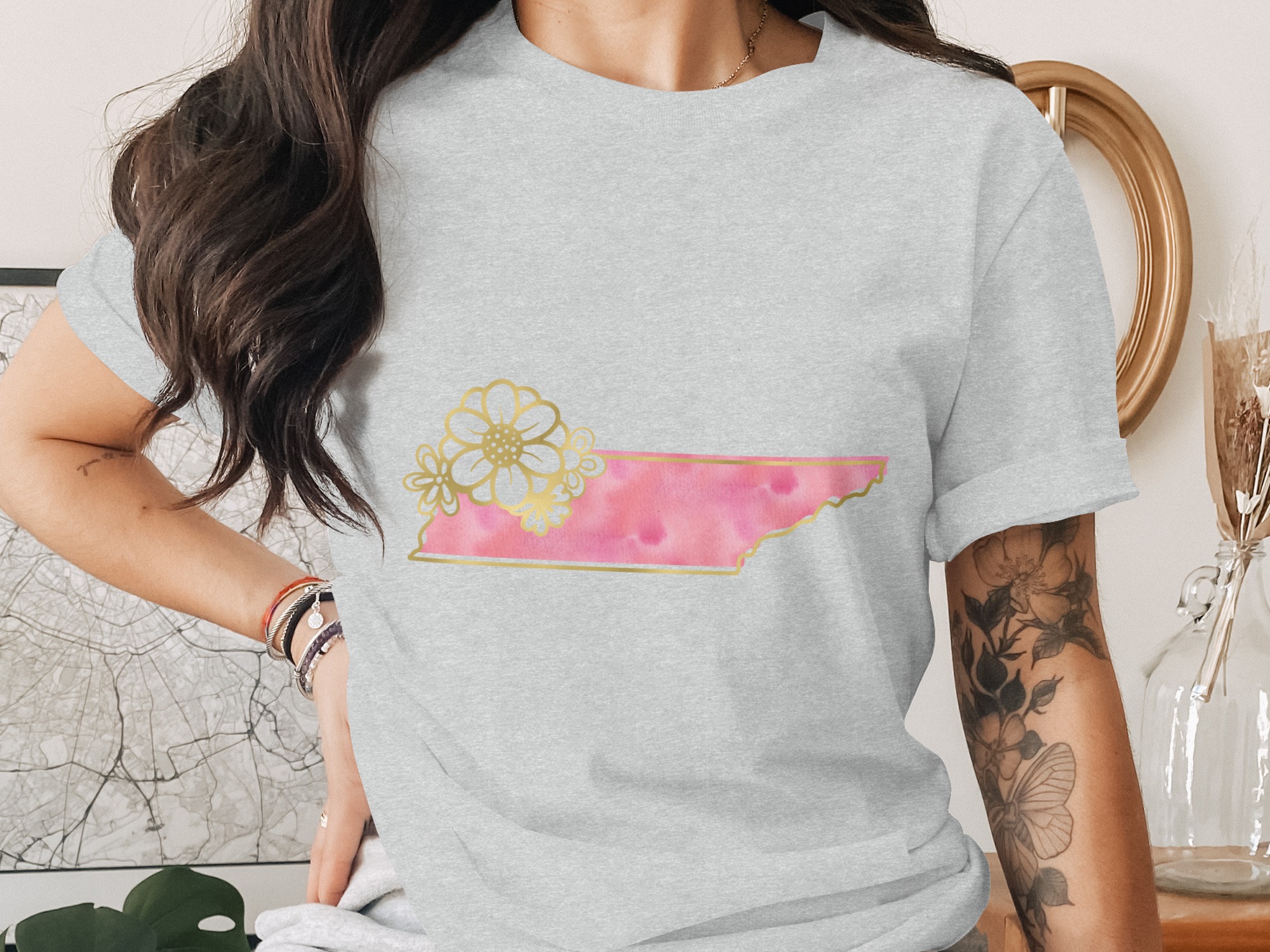 Tennessee Floral T-Shirt | Watercolor State Outline Tee with Faux Gold Print | Pink Southern Pride Shirt | Nashville Lover Gift for Her - Image 2