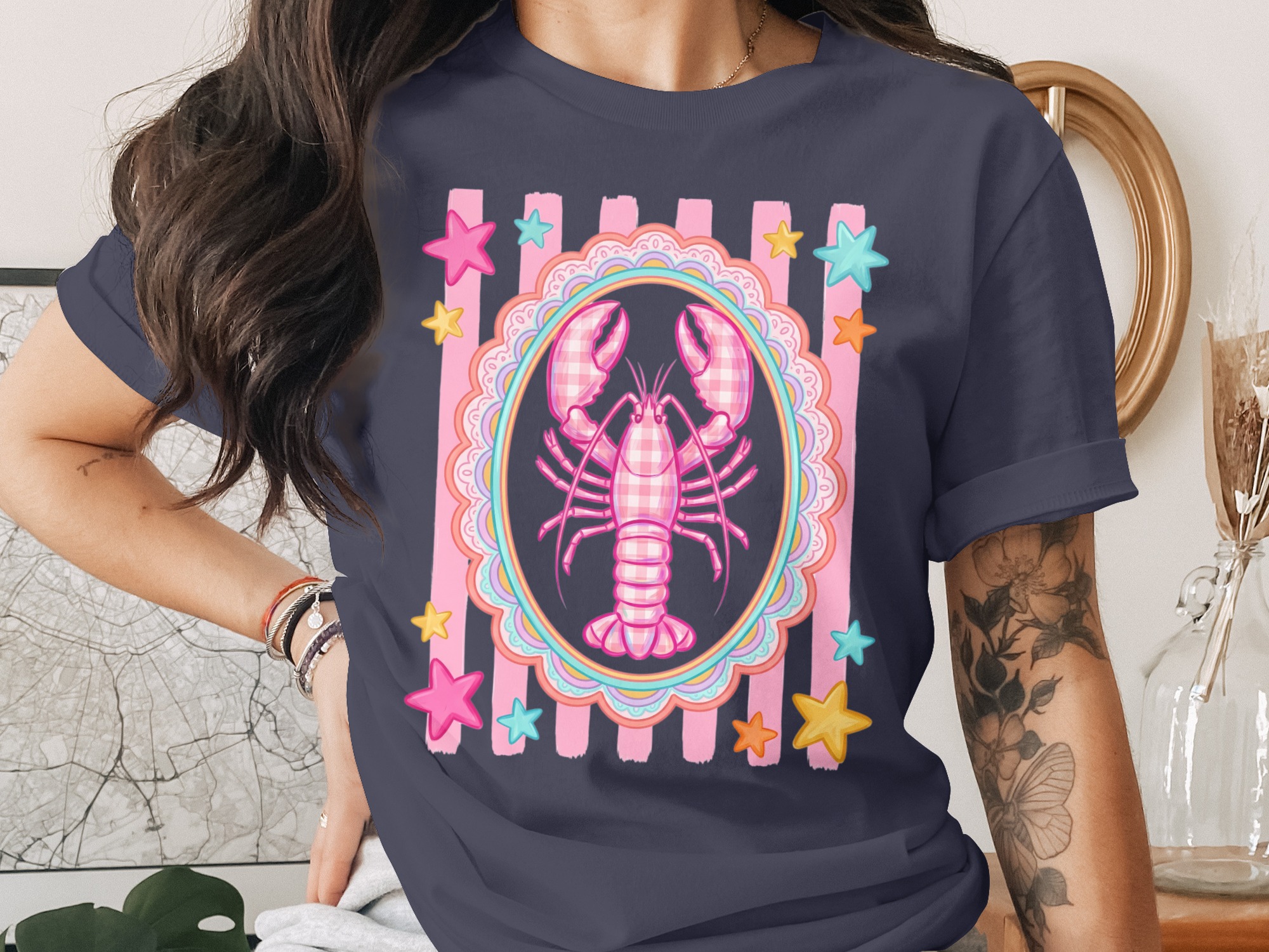 Comfort Colors® Lobster T-Shirt, Cute Pink Gingham Lobster Tee, Coquette Aesthetic Top, Whimsical Summer Beach, Coastal Cowgirl, Preppy - Image 3