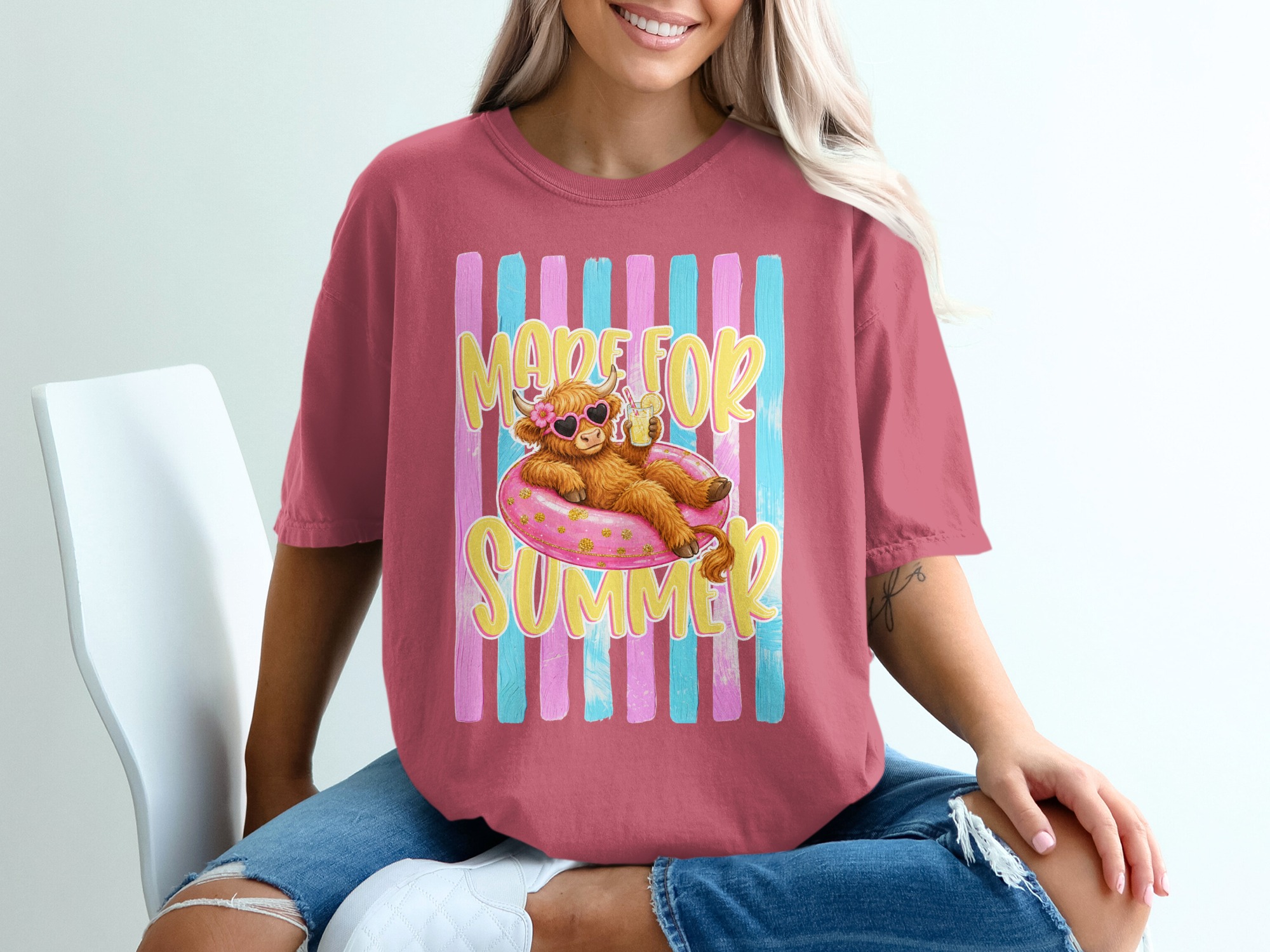 Comfort Colors ® Made For Summer Highland Cow T-Shirt, Vacation Mode Cute Cow Shirt, Beachy Pink Glitter Highland Cattle Tee, Funny Animal - Image 15