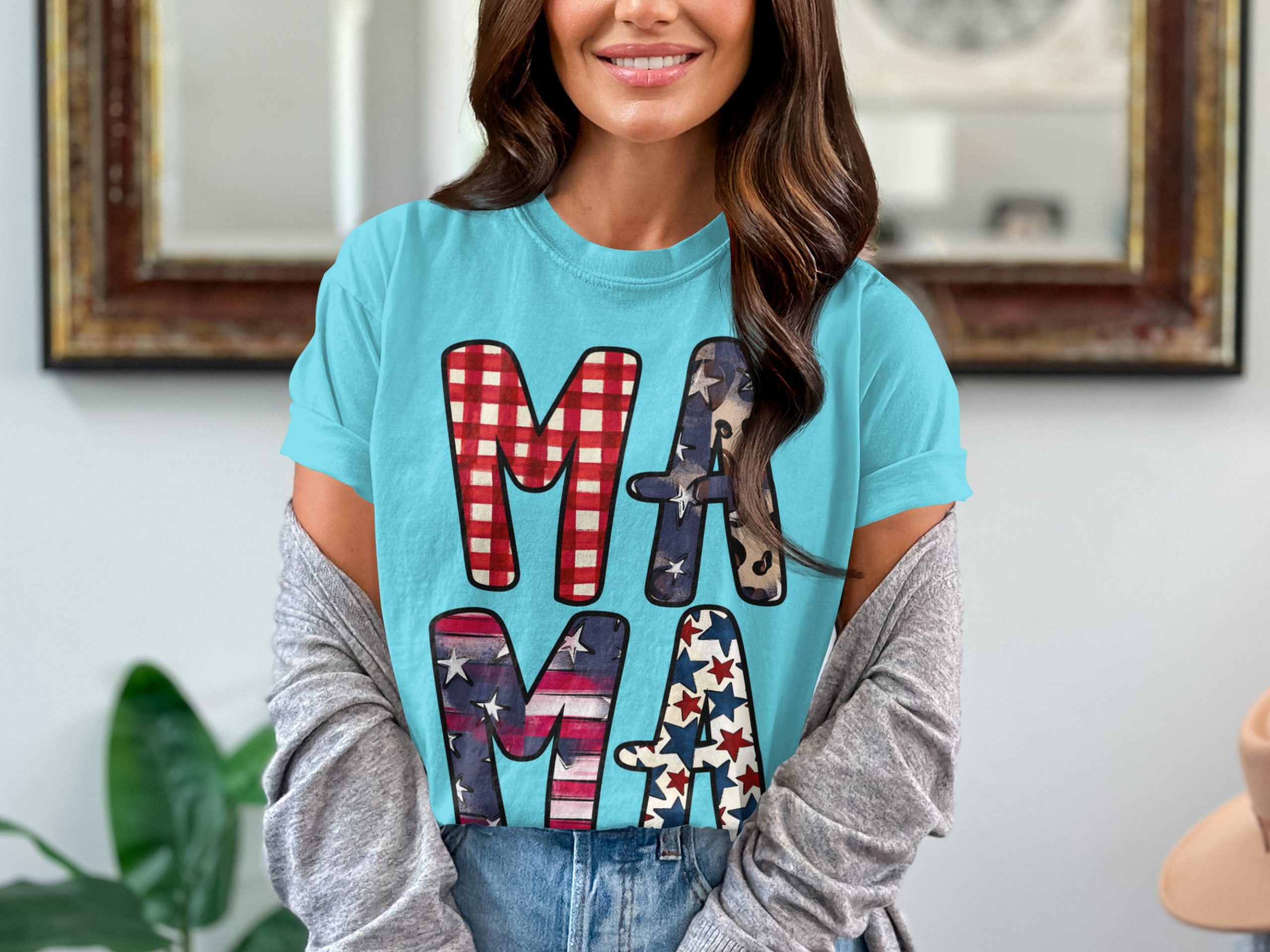 Patriotic Mama T-Shirt, Distressed Flag & Leopard Print Stars Tee, Buffalo Plaid Americana Mom Life Gift - Image 7