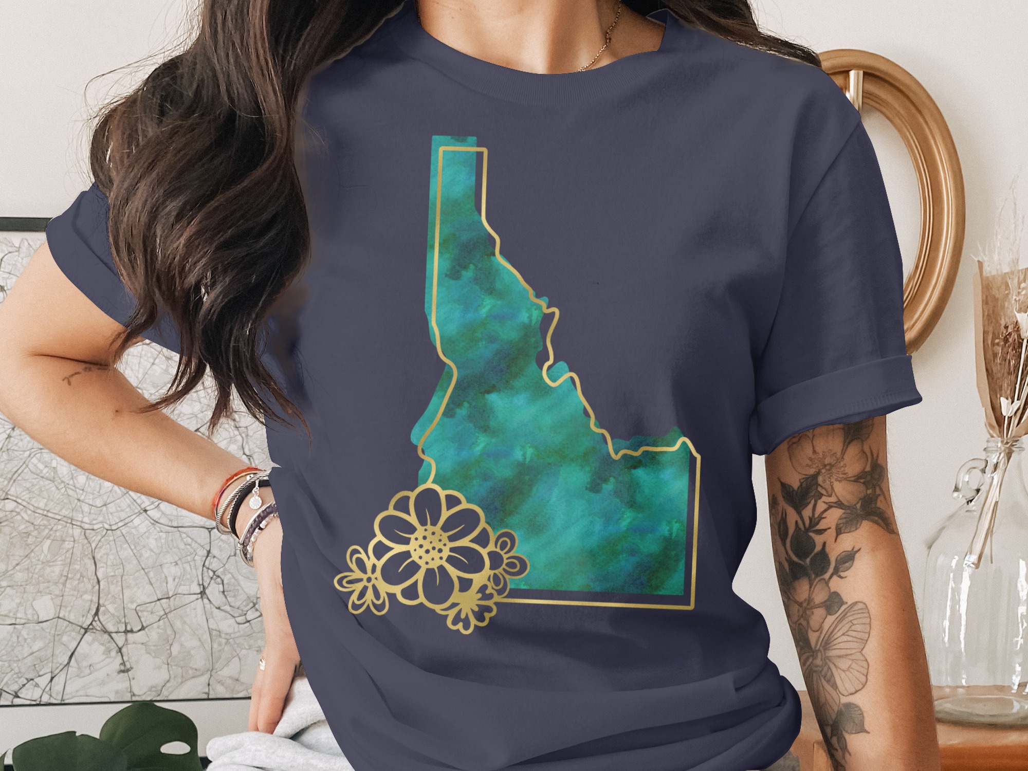Idaho Watercolor T-Shirt, Faux Gold Floral Idaho State Outline Tee, Nature Lover Gift, Women's Idaho Souvenir Shirt, Rustic Chic Graphic Tee - Image 3
