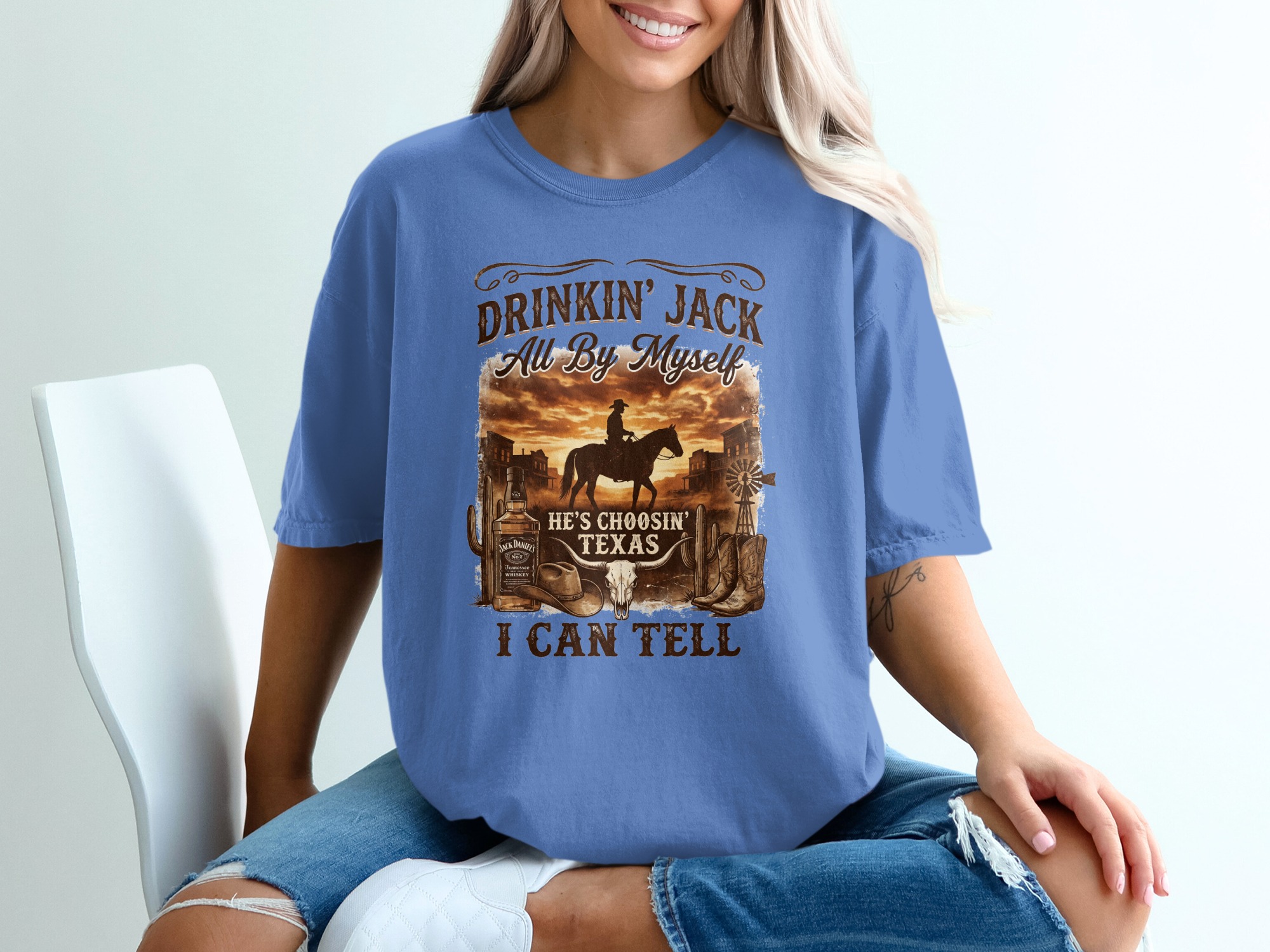 Western Cowboy Texas T-Shirt | Rustic Country Style Graphic Tee for Men & Women | Whiskey Bottle & Bull Skull Design - Image 20