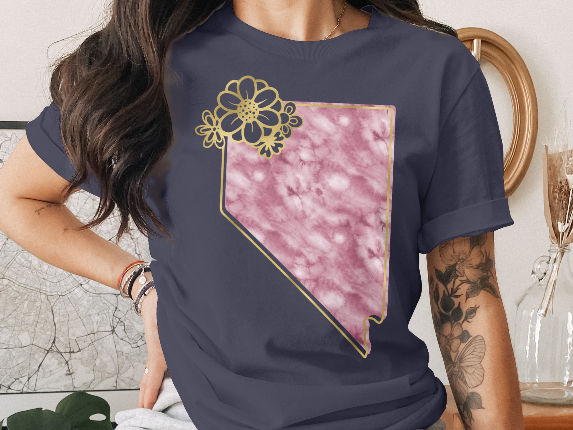 Nevada Outline T-Shirt | Pink Watercolor Nevada State Tee with Faux Gold Floral Design | Stylish Nevada Gift for Her, Travel Souvenir - Image 3