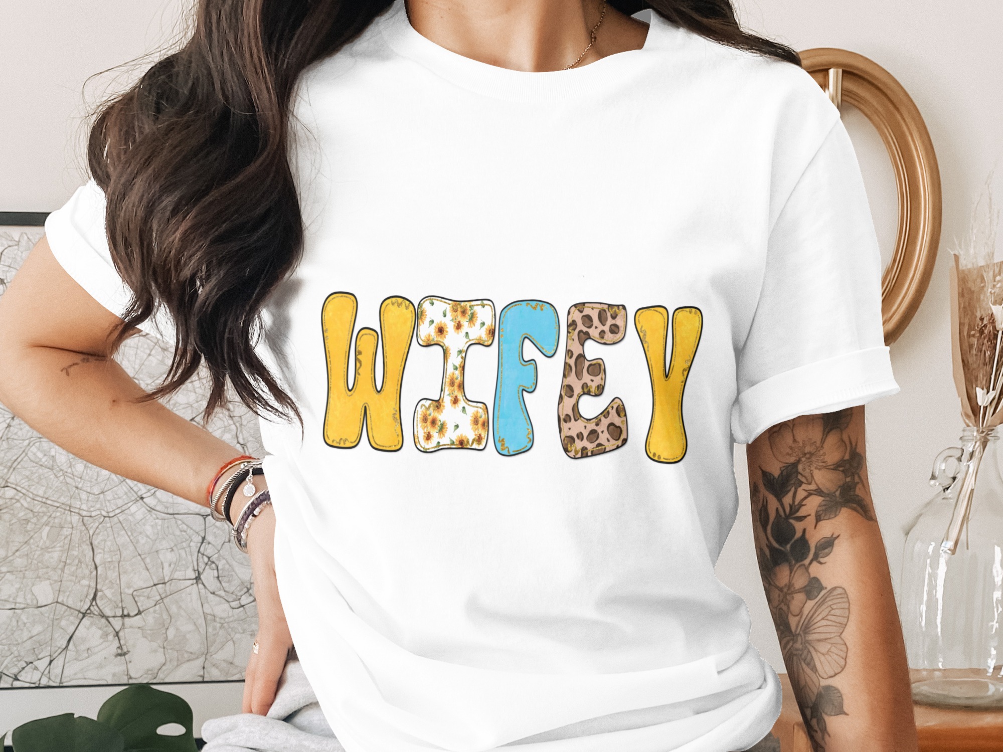 Wifey Digital Download PNG, Sunflower Leopard Print Sublimation Design, Boho Bride Engagement Gift, Faux Glitter Wifey Word Art Digital File