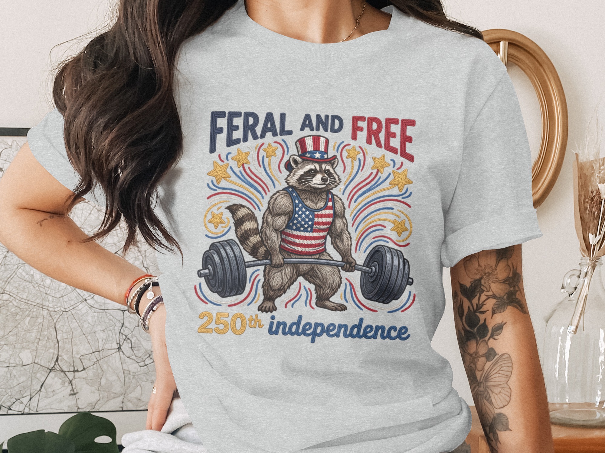 Feral and Free Raccoon T-Shirt, Patriotic Gym Raccoon Tee, 250th Independence Day Shirt, American Flag Weightlifting Shirt - Image 2