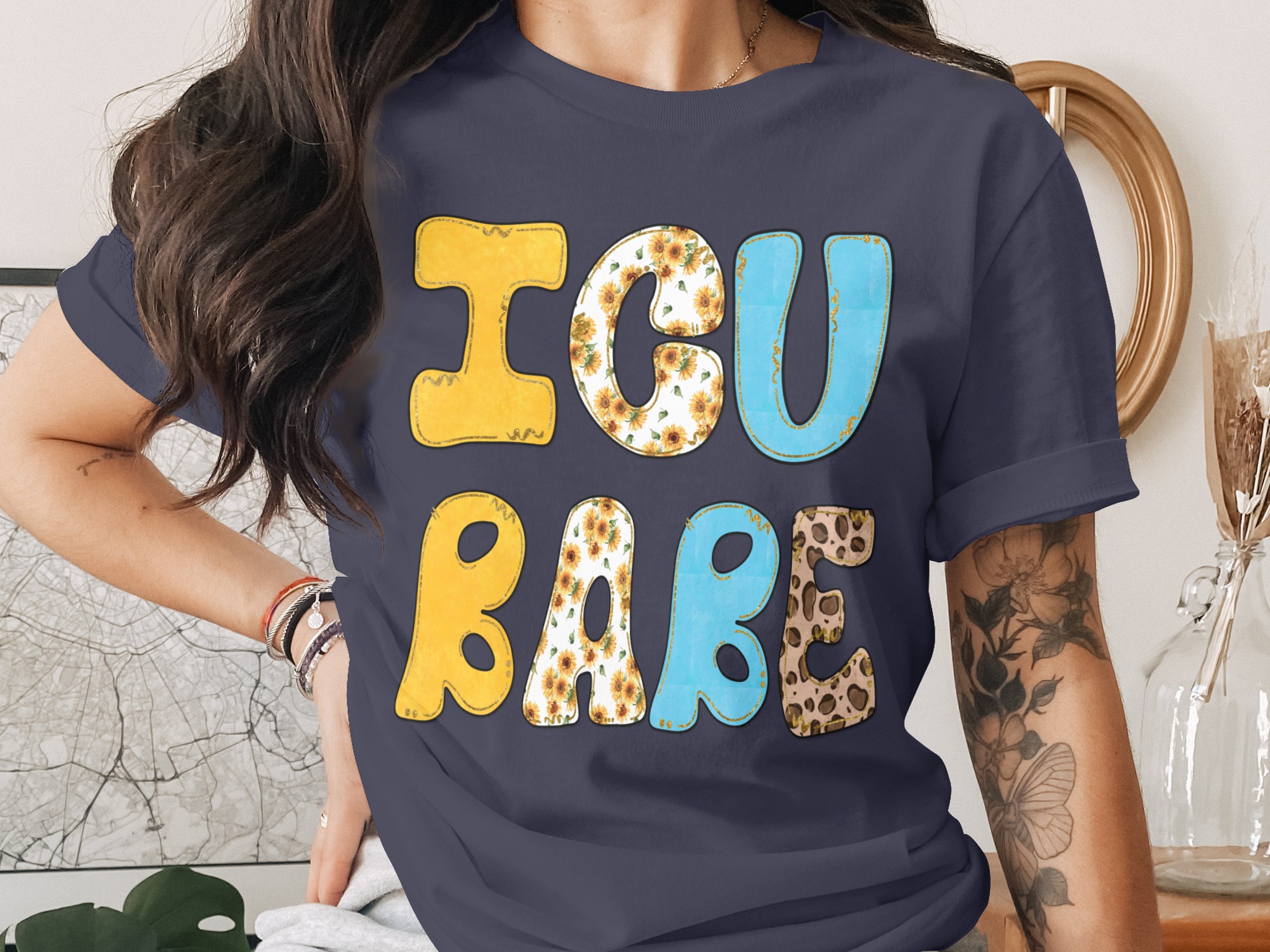 ICU BABE Digital Design PNG for Nurse Life Sublimation, Healthcare Worker Gift, Sunflower Leopard Print Faux Glitter - Image 2