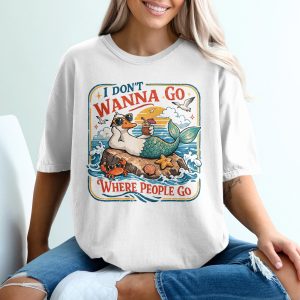 I Don't Wanna Go Where People Go T-Shirt, Funny Mermaid Duck, Comfort Colors ® Beach Vacation Tee, Retro Summer Ocean Introvert Gift