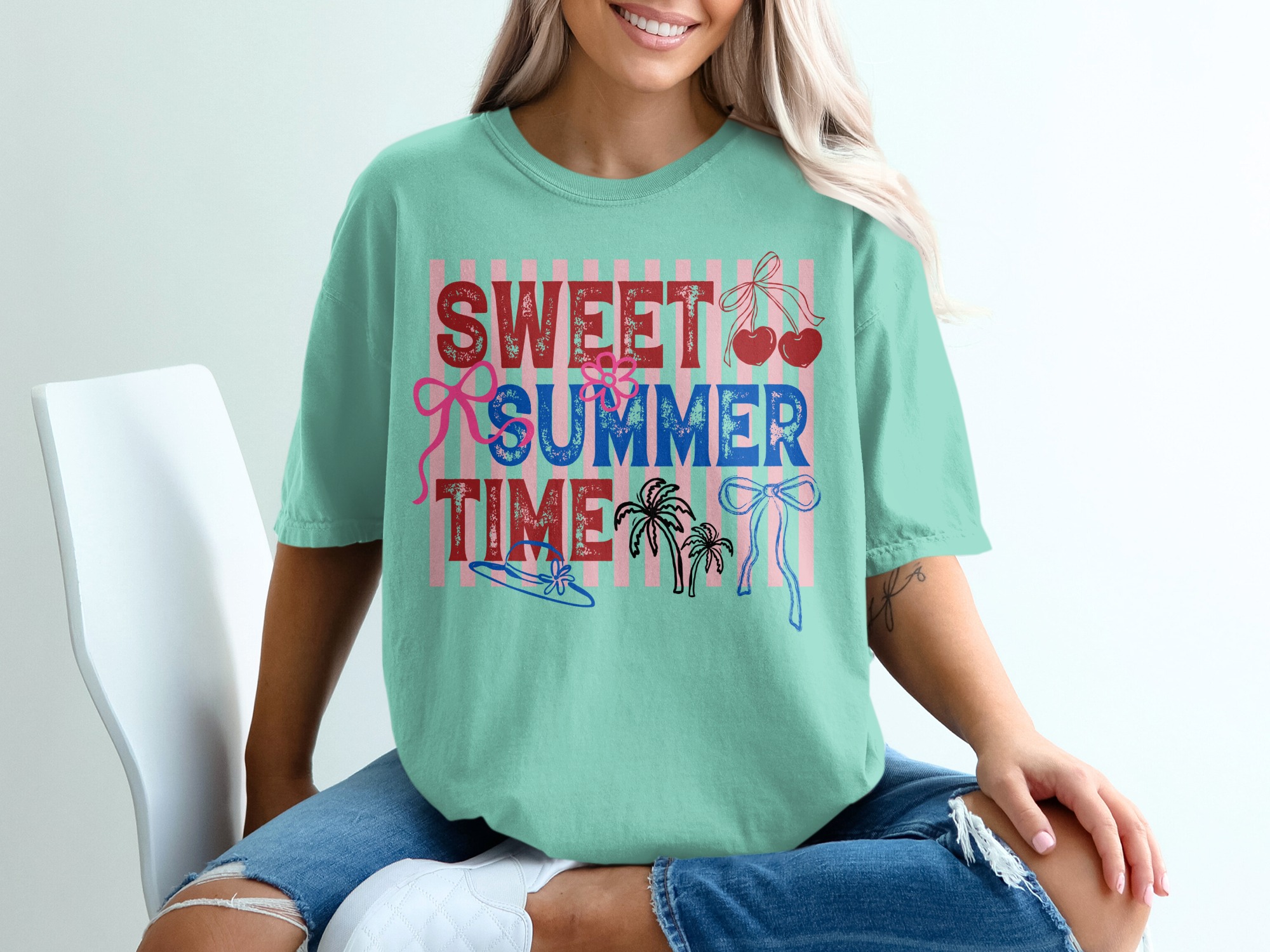 Sweet Summer Time T-Shirt, Retro Patriotic Summer Vibes Tee, Cherry Bow Palm Tree Shirt, Beach Vacation Outfit, Fourth of July Gift - Image 10