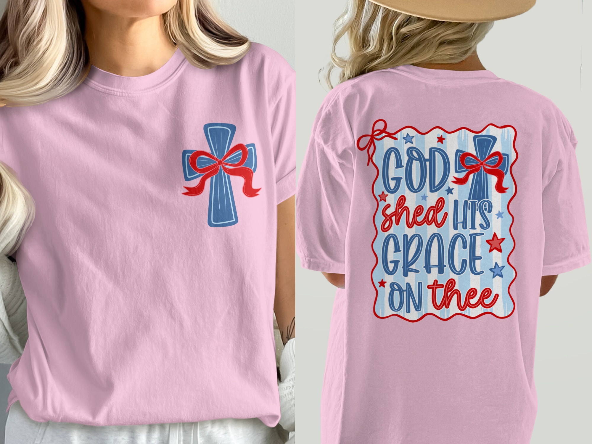 Patriotic Christian T-Shirt, God Shed His Grace Tee, Comfort Colors 1717® Front Back Design, Americana Faith Shirt, USA Cross Tee, Religious - Image 3