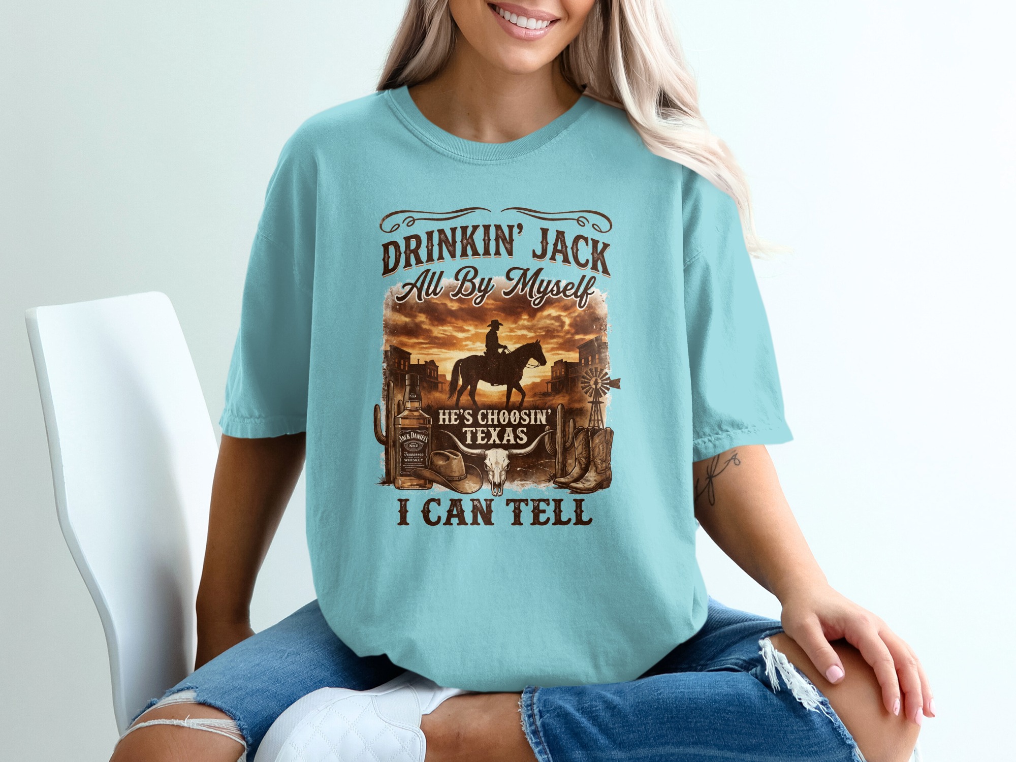 Western Cowboy Texas T-Shirt | Rustic Country Style Graphic Tee for Men & Women | Whiskey Bottle & Bull Skull Design - Image 19