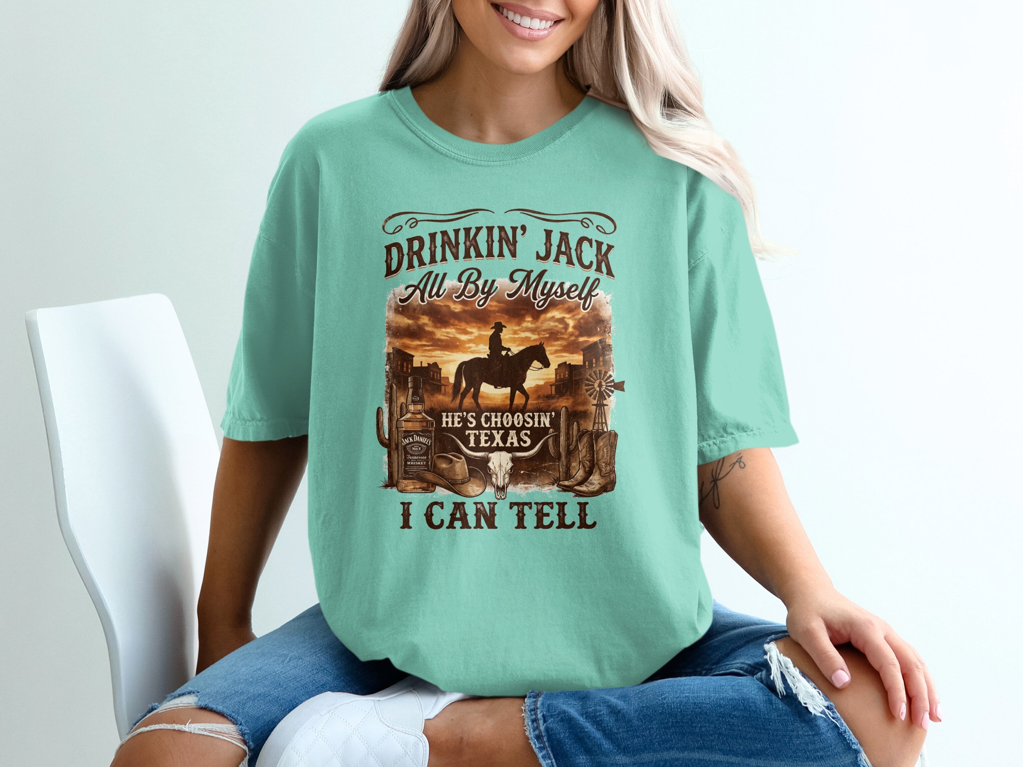 Western Cowboy Texas T-Shirt | Rustic Country Style Graphic Tee for Men & Women | Whiskey Bottle & Bull Skull Design - Image 10