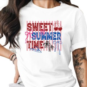 Sweet Summer Time T-Shirt, Retro Patriotic Summer Vibes Tee, Cherry Bow Palm Tree Shirt, Beach Vacation Outfit, Fourth of July Gift