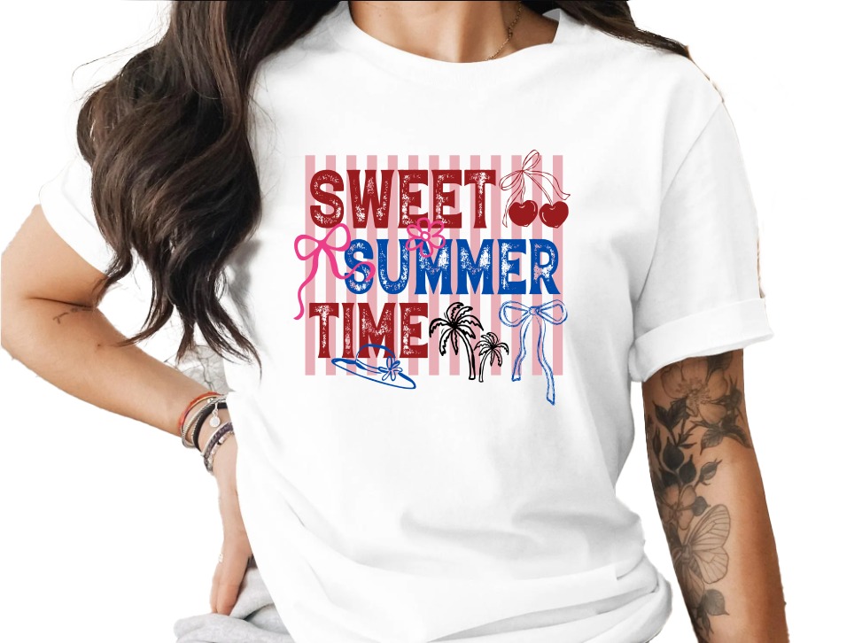 Sweet Summer Time T-Shirt, Retro Patriotic Summer Vibes Tee, Cherry Bow Palm Tree Shirt, Beach Vacation Outfit, Fourth of July Gift