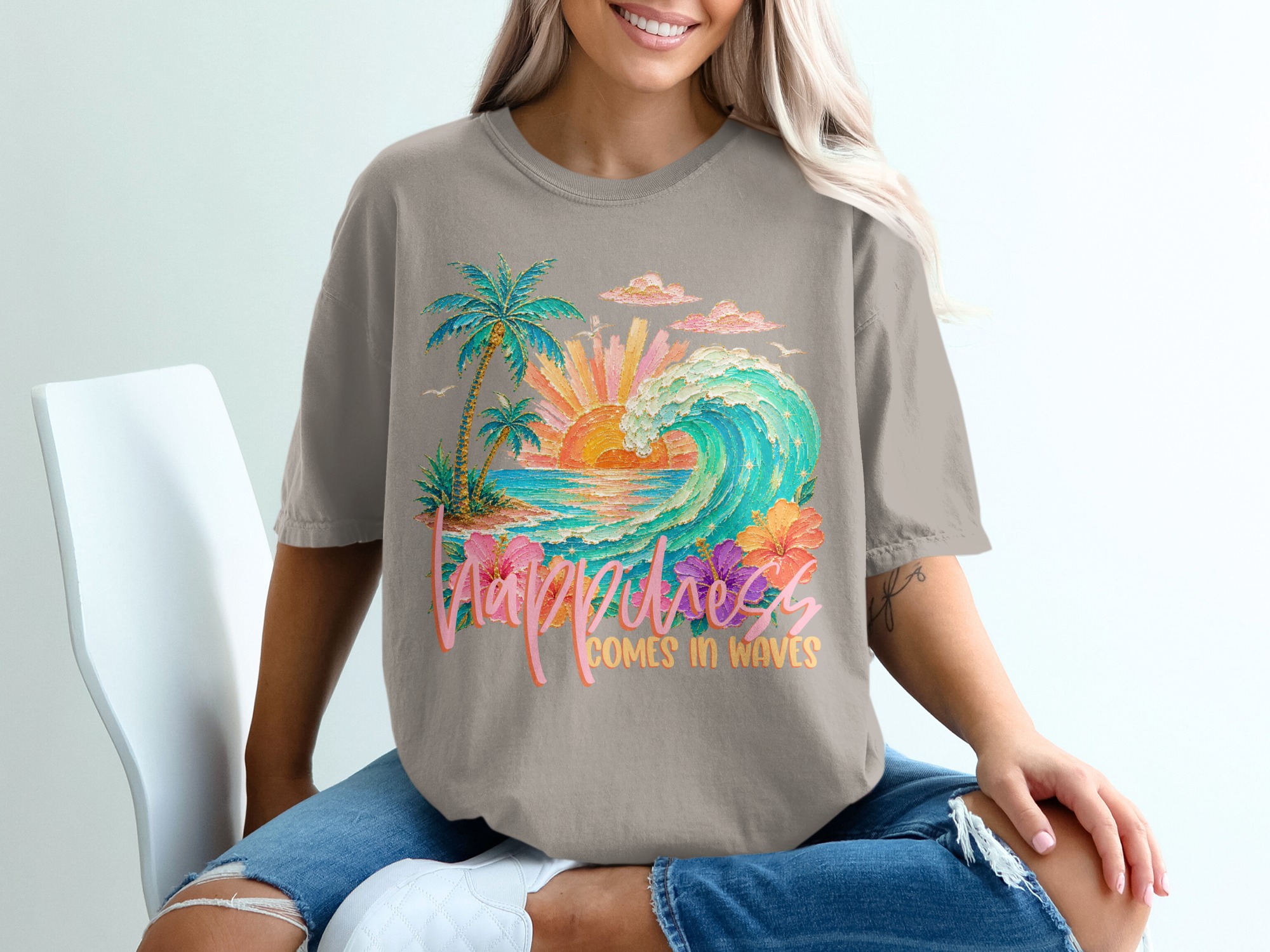 Happiness Comes in Waves T-Shirt, Tropical Beach Vacation Tee, Faux Glitter Print Ocean Wave Design, Palm Tree Sunset, Coastal Boho Summer - Image 11