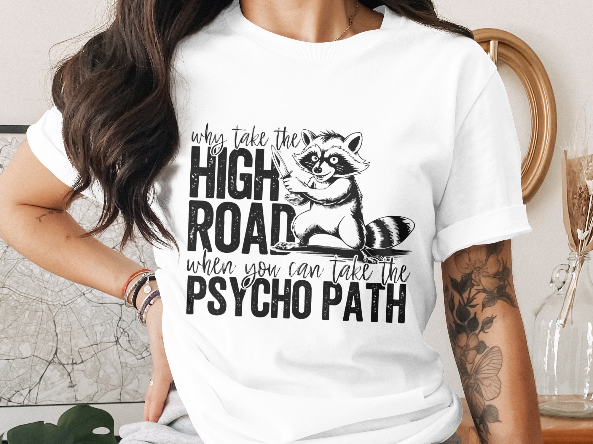 Raccoon Knife T-Shirt, Funny Psycho Path Tee, Sarcastic Dark Humor Shirt, Trash Panda Graphic Tee, Quirky Animal Lover Gift