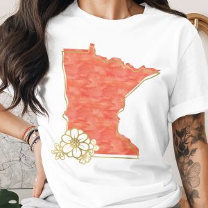 Minnesota T-Shirt, Watercolor MN State Outline with Faux Gold Floral Design, Midwest Home State Pride Tee, MN Gift
