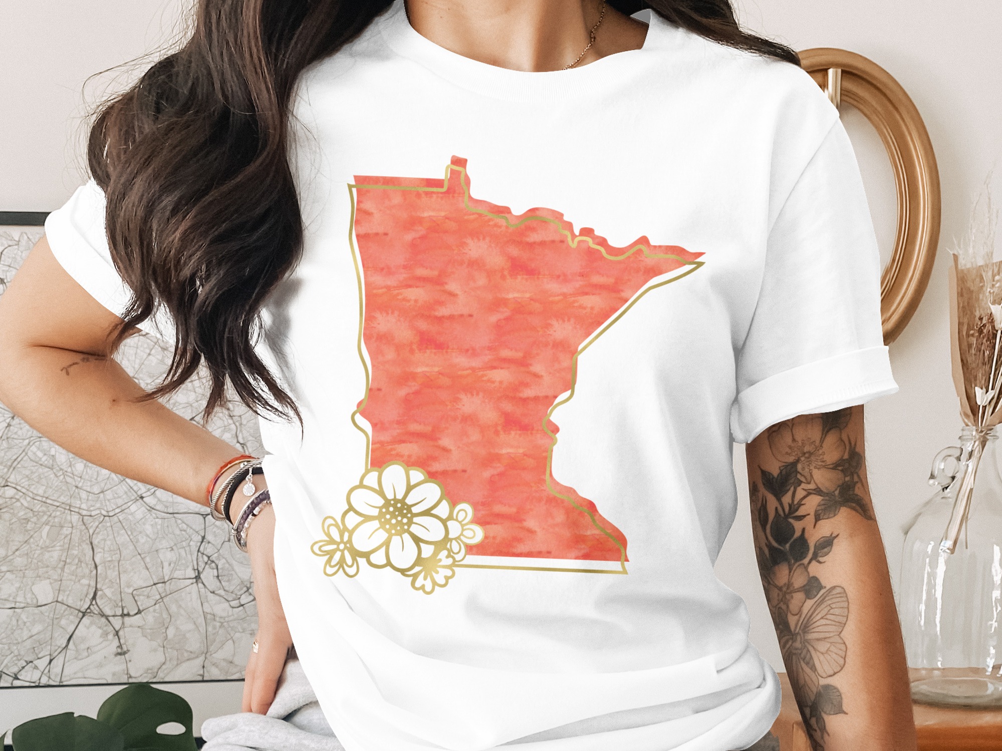 Minnesota T-Shirt, Watercolor MN State Outline with Faux Gold Floral Design, Midwest Home State Pride Tee, MN Gift