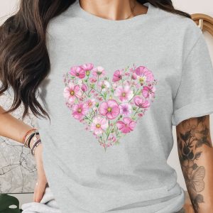 Pink Floral Heart T-Shirt, Watercolor Flower Love Shirt, Cottagecore Aesthetic Tee, Romantic Gift For Her, Garden Lover Shirt, Naturecore