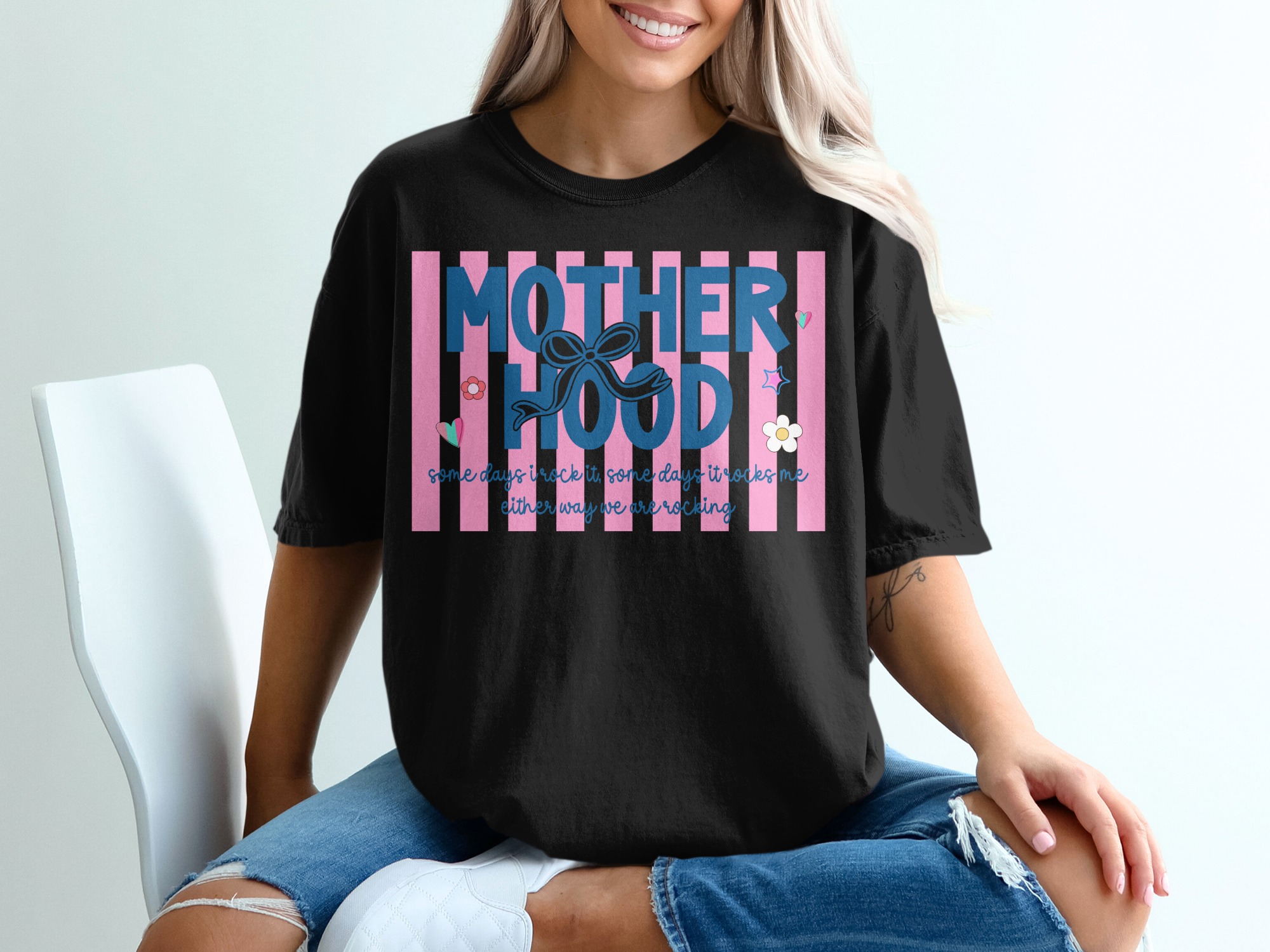 Rocking Motherhood T-Shirt, Funny Mom Life Tee, New Mama Gift, Empowered Mother Quote Shirt, Striped Mama Top, Mother's Day Gift for Her - Image 5