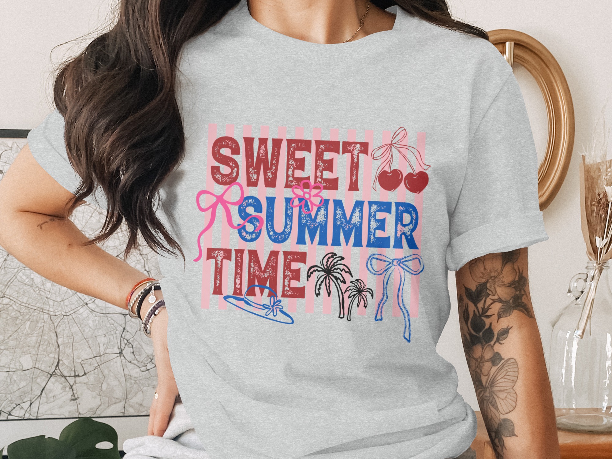 Sweet Summer Time T-Shirt, Retro Patriotic Summer Vibes Tee, Cherry Bow Palm Tree Shirt, Beach Vacation Outfit, Fourth of July Gift - Image 2