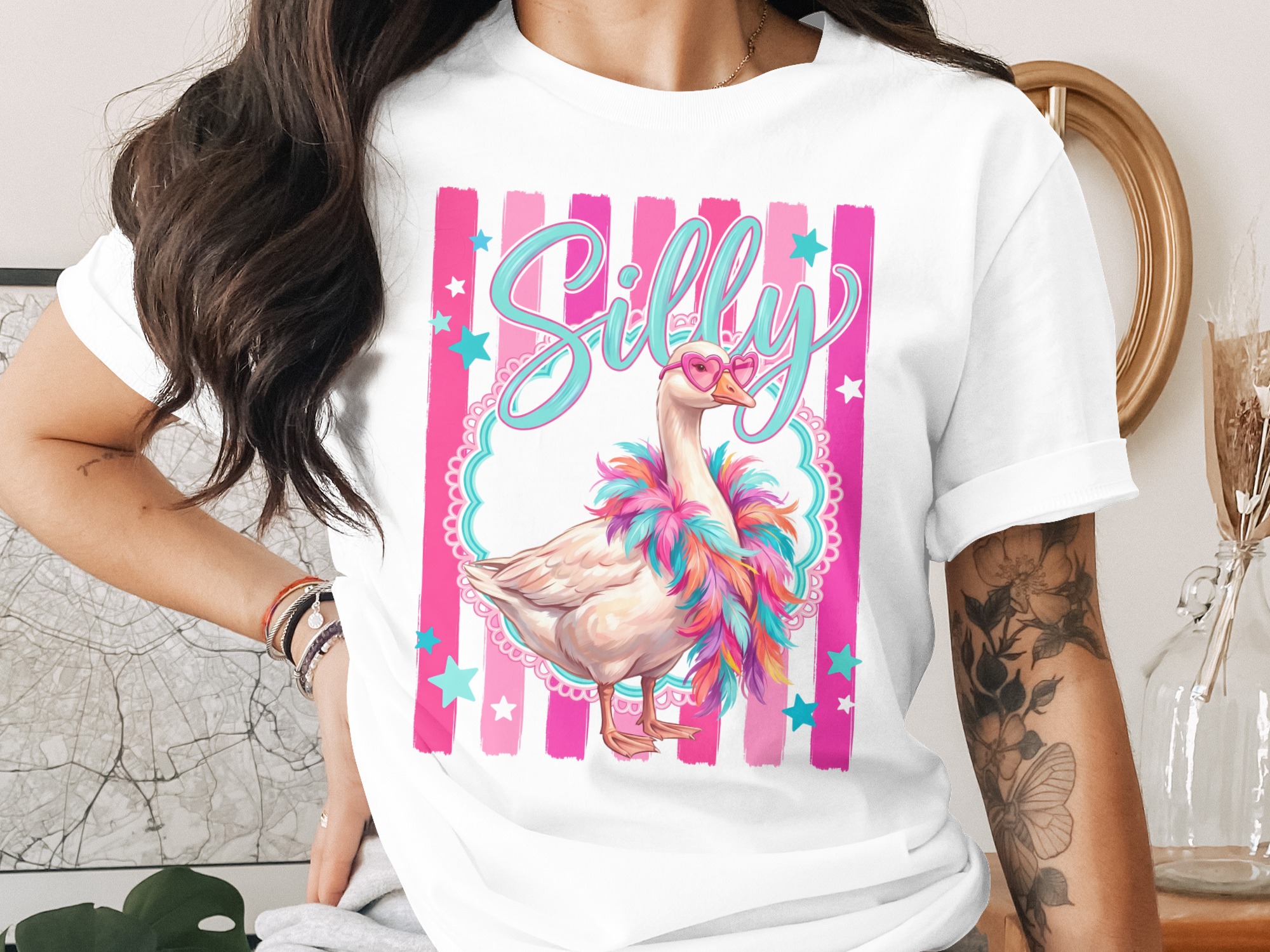 Silly Goose T-Shirt | Funny Goose Shirt with Heart Sunglasses & Faux Boa | Whimsical Animal Tee | Vibrant Aesthetic Gift