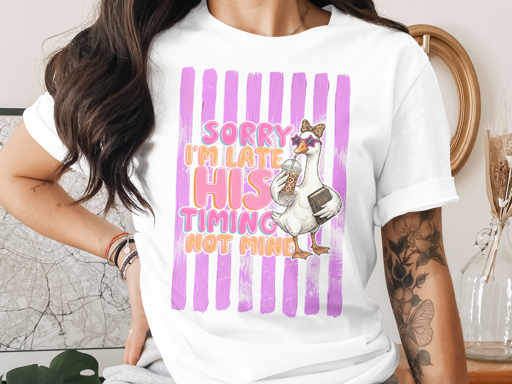 Comfort Colors® Funny Goose T-Shirt, 'His Timing Not Mine' Sarcastic Tee, Trendy Coffee Lover Gift, Humorous Animal Graphic Shirt