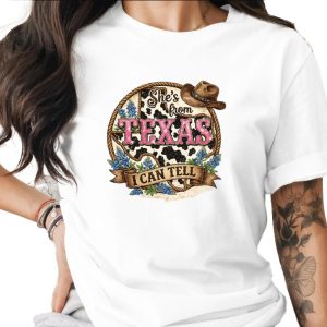 She's From Texas T-Shirt, Texas Pride Cowgirl Tee, Southern Women's Graphic Shirt, Bluebonnet Western Style Gift for Her