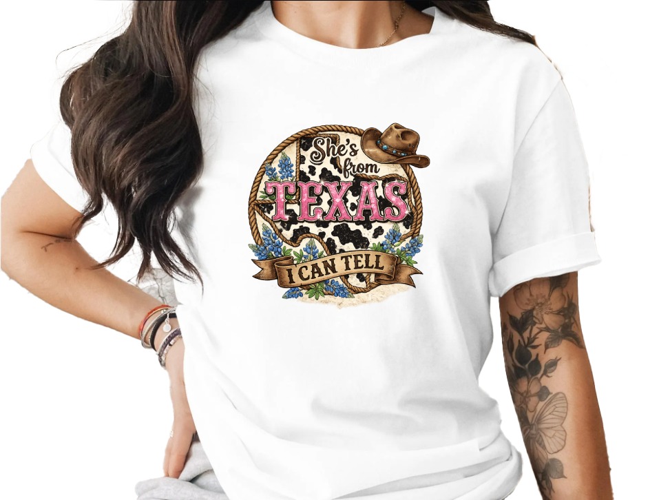 She's From Texas T-Shirt, Texas Pride Cowgirl Tee, Southern Women's Graphic Shirt, Bluebonnet Western Style Gift for Her