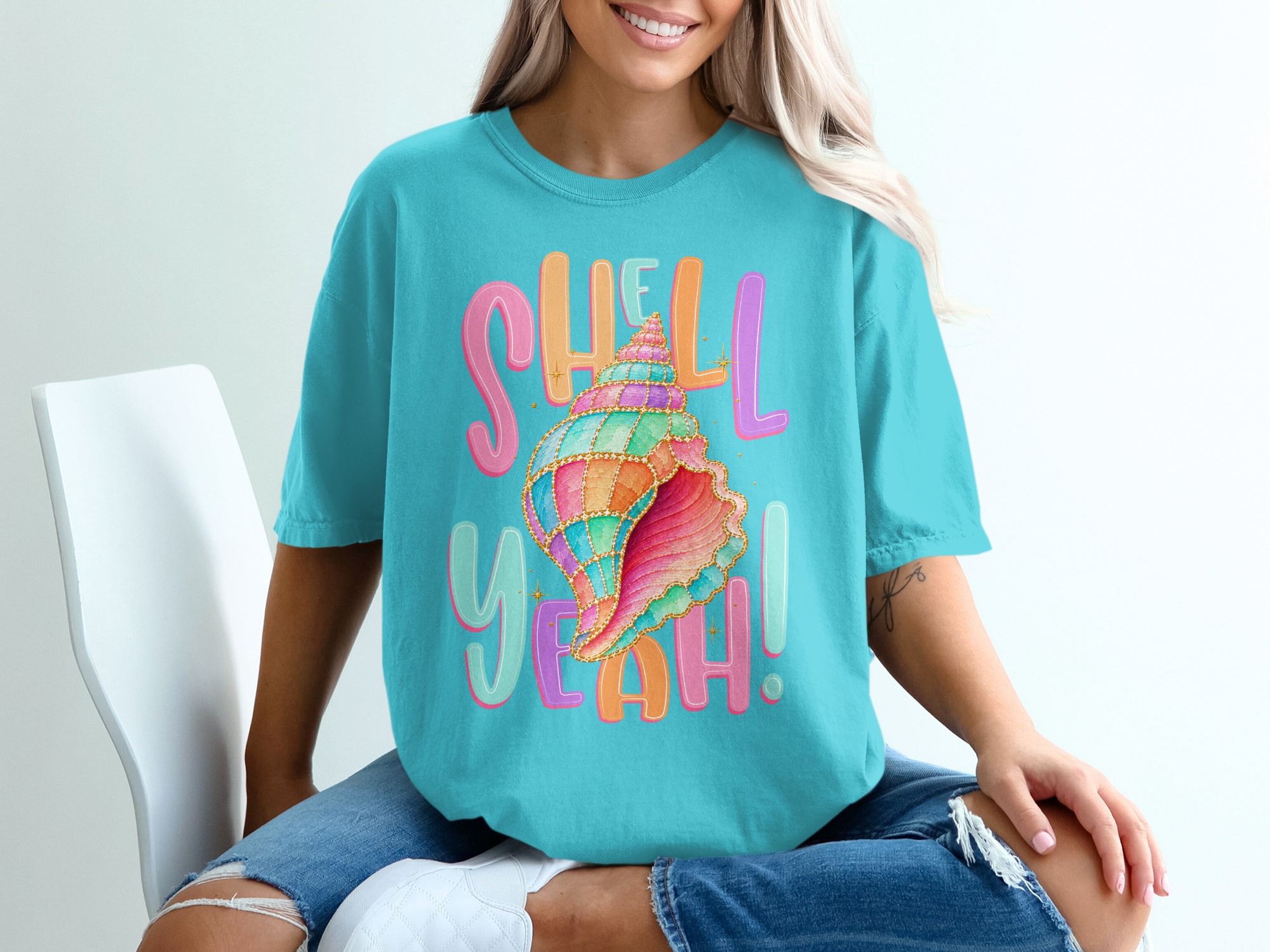Shell Yeah T-Shirt, Funny Seashell Shirt, Pastel Ocean Beach Tee, Cute Vacation Top, Mermaid Core Style Gift for Her - Image 9