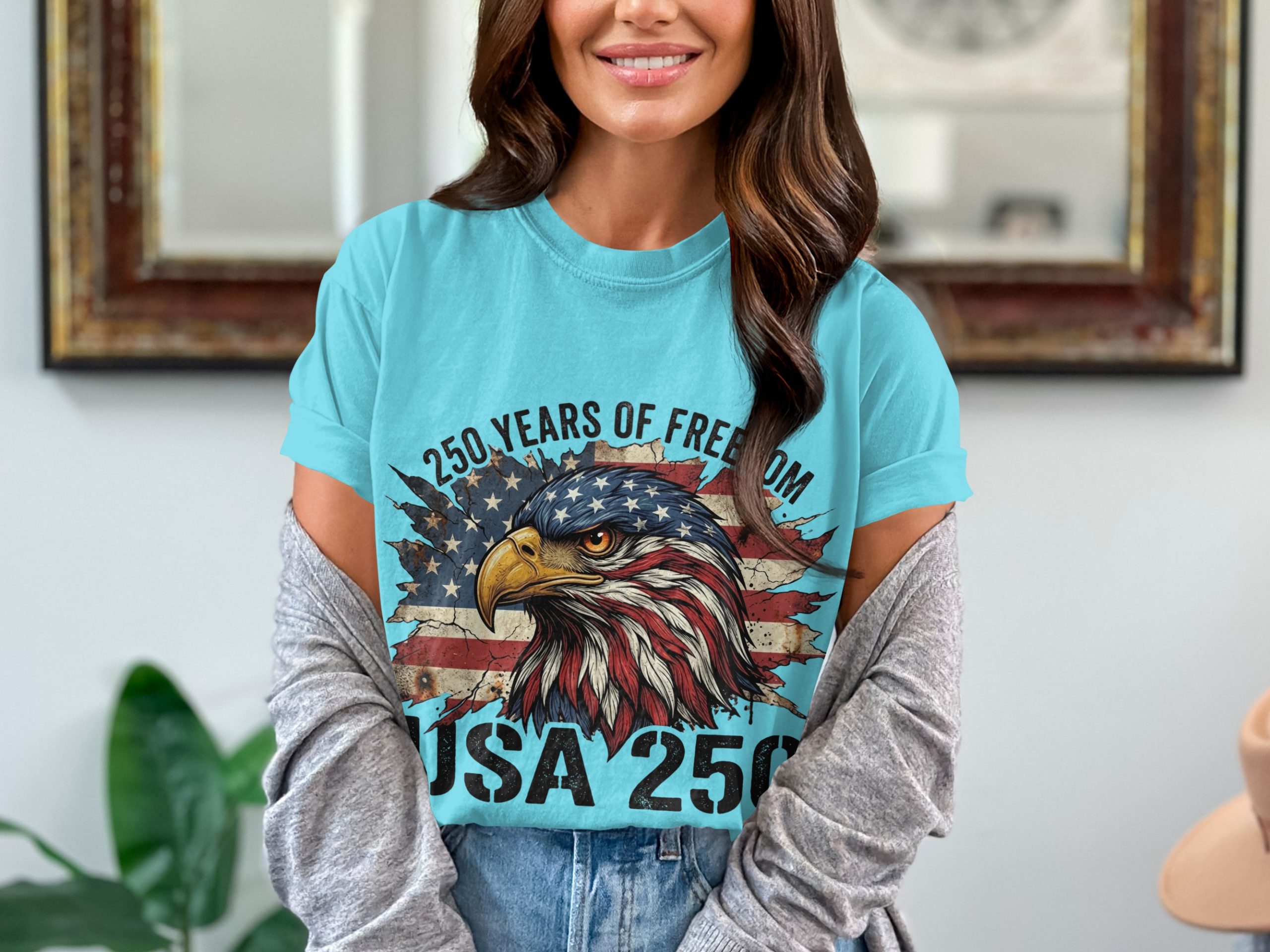 Patriotic American Eagle T-Shirt, USA 250 Years of Freedom Flag Tee, Distressed Heritage Commemorative Independence Day Shirt - Image 7