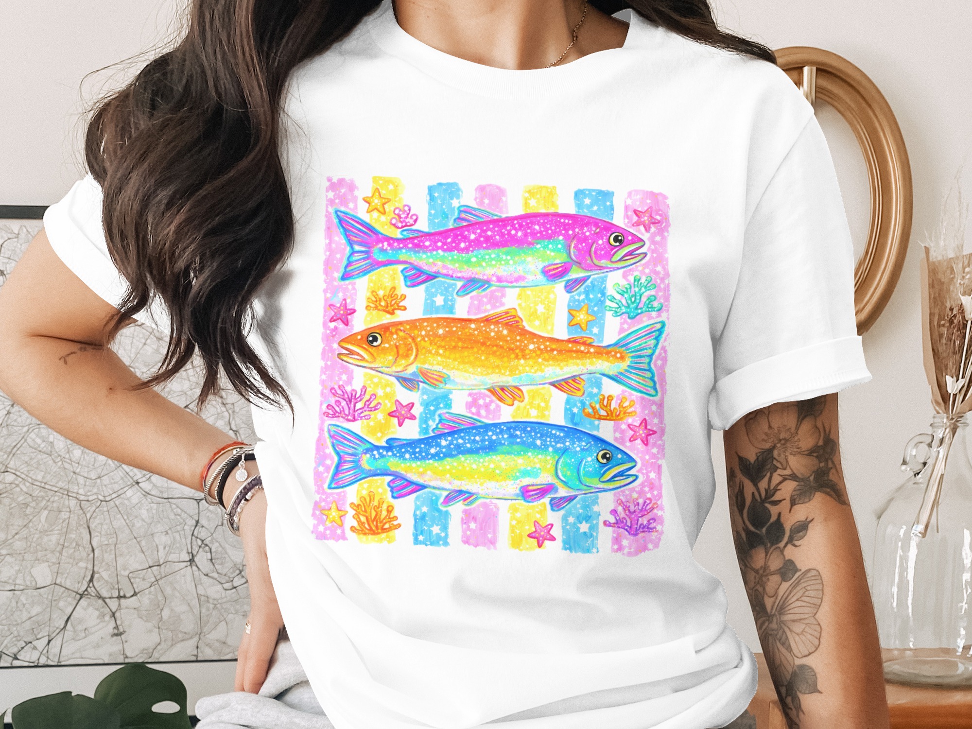 Sparkly Rainbow Fish T-Shirt, Colorful Kawaii Ocean Comfort Colors ® Tee, Y2K Aesthetic Vibrant Marine Life Shirt, Cute Summer Gift For Her