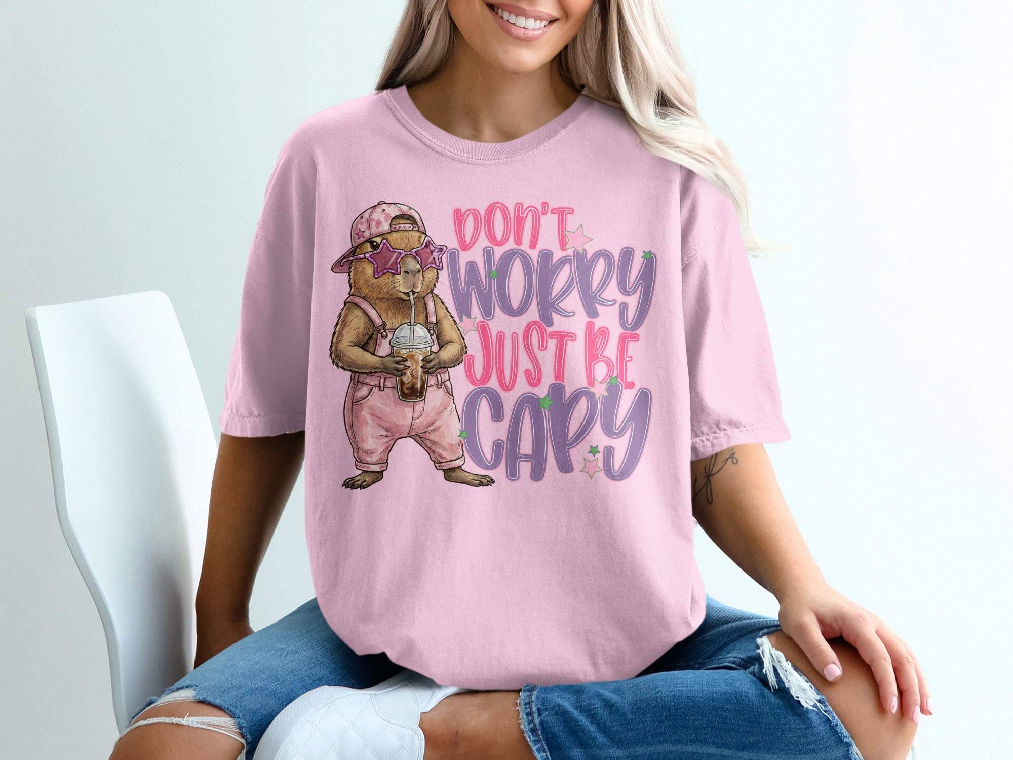 Don't Worry Just Be Capy T-Shirt, Cute Capybara Shirt, Chill Animal Tee, Iced Coffee Lover Gift, Trendy Positive Vibe Apparel - Image 17
