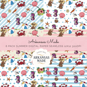 Summer Beach Seamless Digital 6 Paper Pack - Tropical Vacation Patterns, Cute Crabs, Mermaids, Flamingos, Seahorses, Scrapbook Design