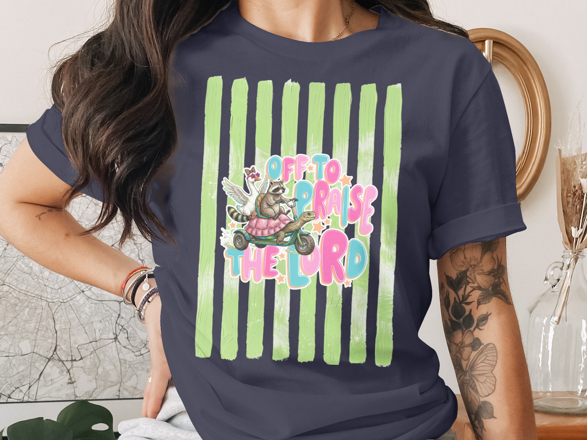 Comfort Colors® Off to Praise the Lord T-Shirt, Whimsical Christian Raccoon Tee, Faith Based Apparel, Cute Worship Shirt Gift - Image 3