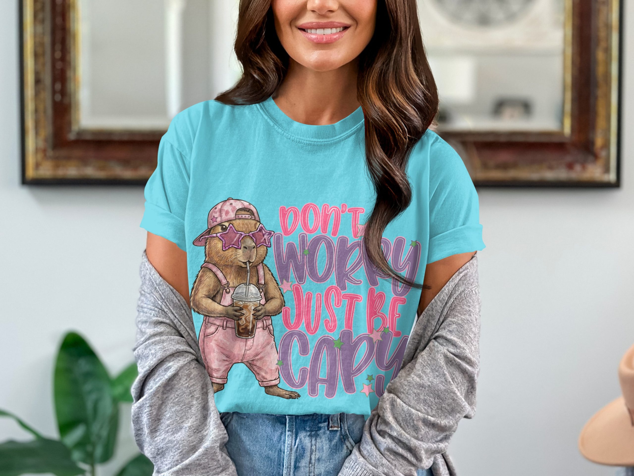 Don't Worry Just Be Capy T-Shirt, Cute Capybara Shirt, Chill Animal Tee, Iced Coffee Lover Gift, Trendy Positive Vibe Apparel - Image 7