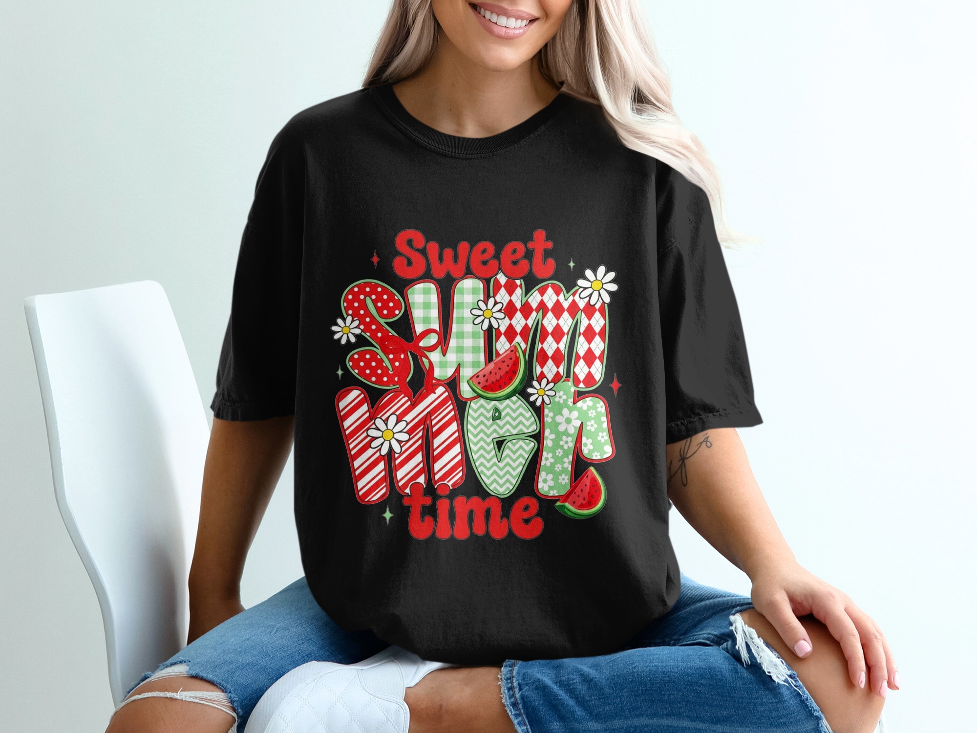 Sweet Summertime T-Shirt, Retro Summer Vacation Tee, Groovy Daisy Watermelon Shirt, Cheerful Cute Summer Time Apparel Gift for Her & Friend - Image 5