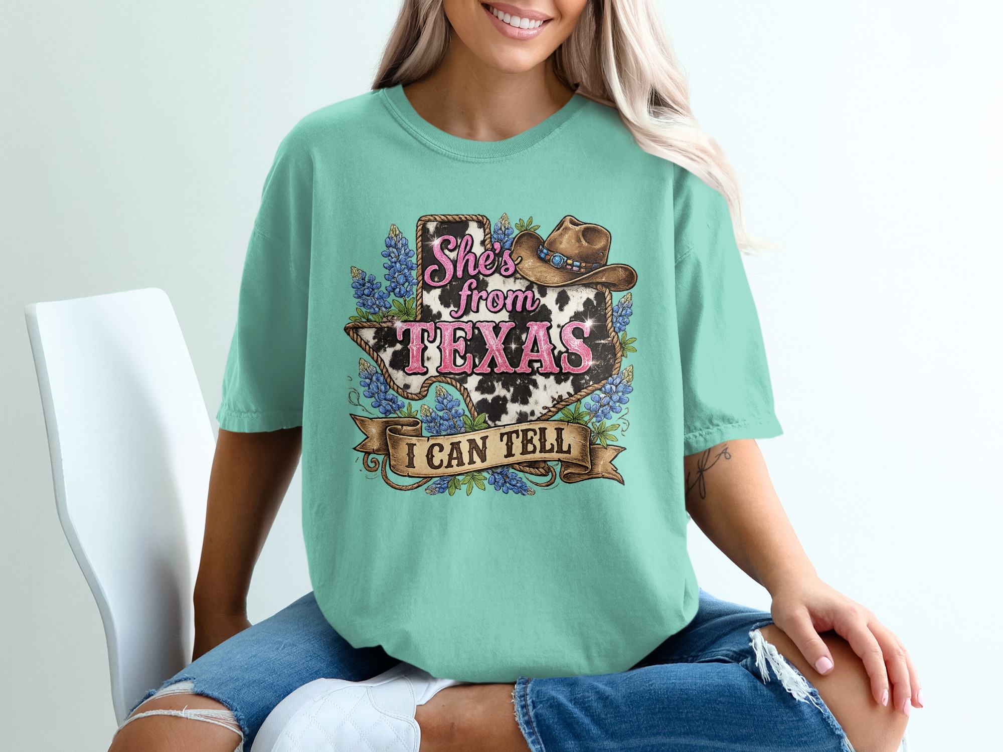 She's from Texas T-Shirt, Cow Print Bluebonnet Texas Tee, Western Country Style Southern Pride Gift for Her - Image 10