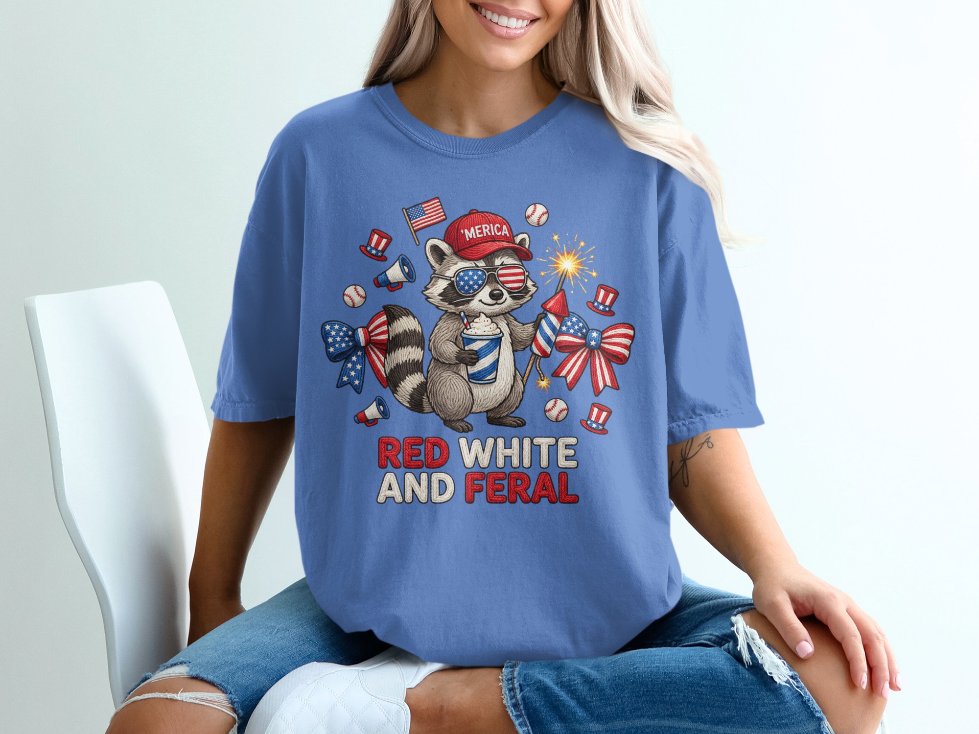 Red White and Feral Raccoon T-Shirt, Funny 4th of July Patriotic America Tee, Independence Day Party Animal Lover Gift - Image 20