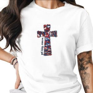Patriotic Cross T-Shirt God Bless America, Distressed Camo Faith Tee, Faux Patchwork Religious Shirt, 4th of July Christian Gift