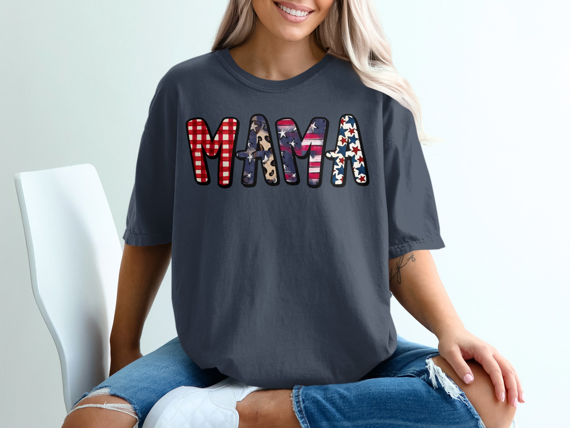 Patriotic Mama T-Shirt, American Flag Gingham Leopard Print Mom Life Tee, Distressed USA Stars Fourth of July Gift - Image 12