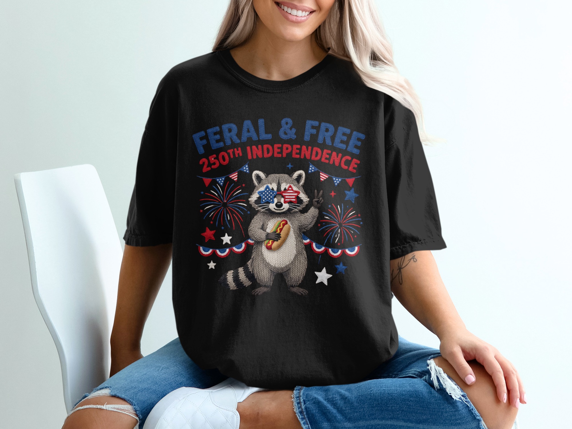 Feral Free Independence T-Shirt, Raccoon Fourth of July Tee, Patriotic Animal Shirt, 250th USA Celebration Gift Idea - Image 8
