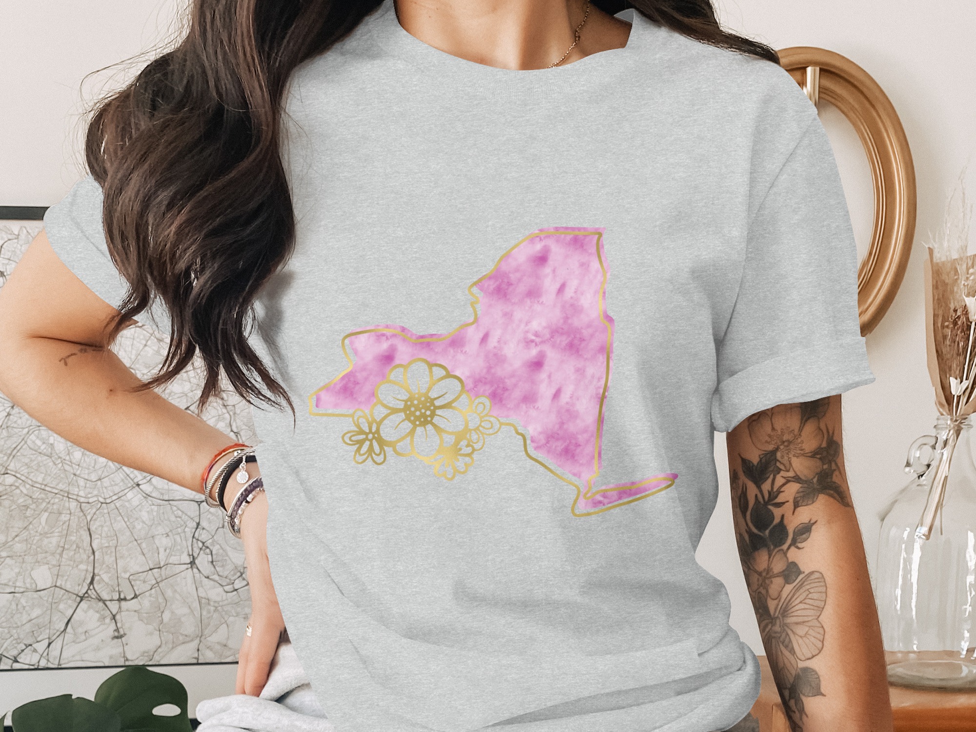 New York State T-Shirt, Pink NY Watercolor Tee with Faux Gold Floral Print, Empire State Girls Trip Gift, NY Lover Outfit - Image 2