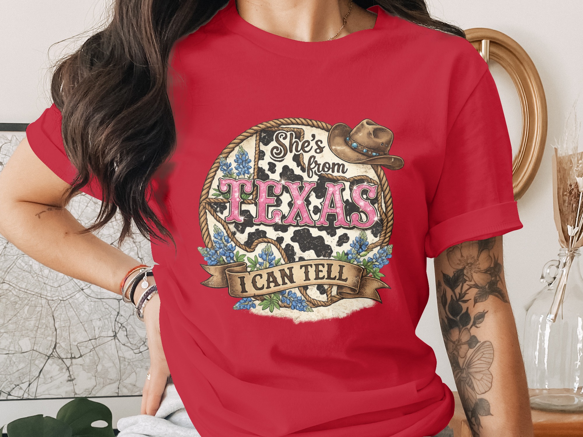 She's From Texas T-Shirt, Texas Pride Cowgirl Tee, Southern Women's Graphic Shirt, Bluebonnet Western Style Gift for Her - Image 4
