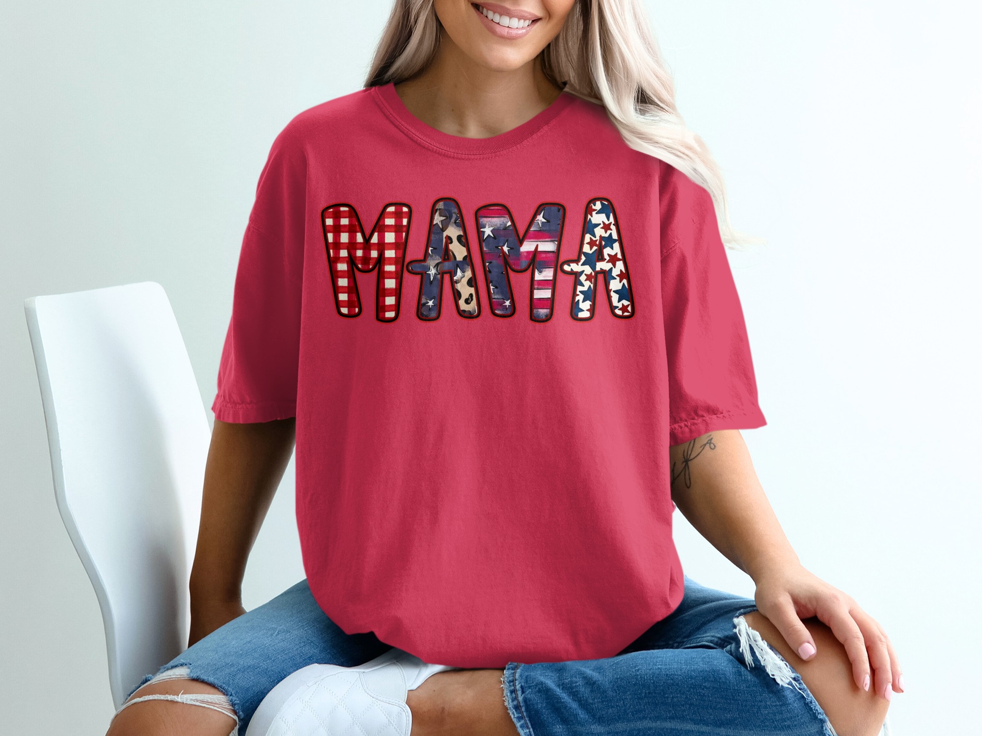 Patriotic Mama T-Shirt, Western Mama Shirt with Leopard Print, Buffalo Plaid Mama Gift, American Flag Star Mom Tee for Mother's Day - Image 14