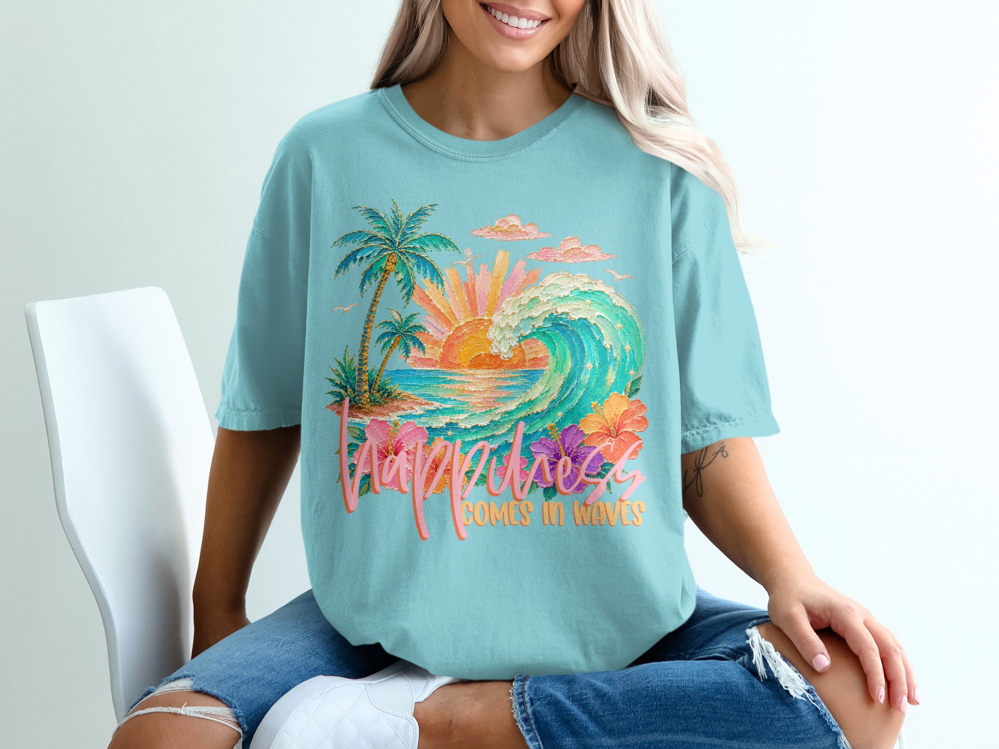 Happiness Comes in Waves T-Shirt, Tropical Beach Vacation Tee, Faux Glitter Print Ocean Wave Design, Palm Tree Sunset, Coastal Boho Summer - Image 19