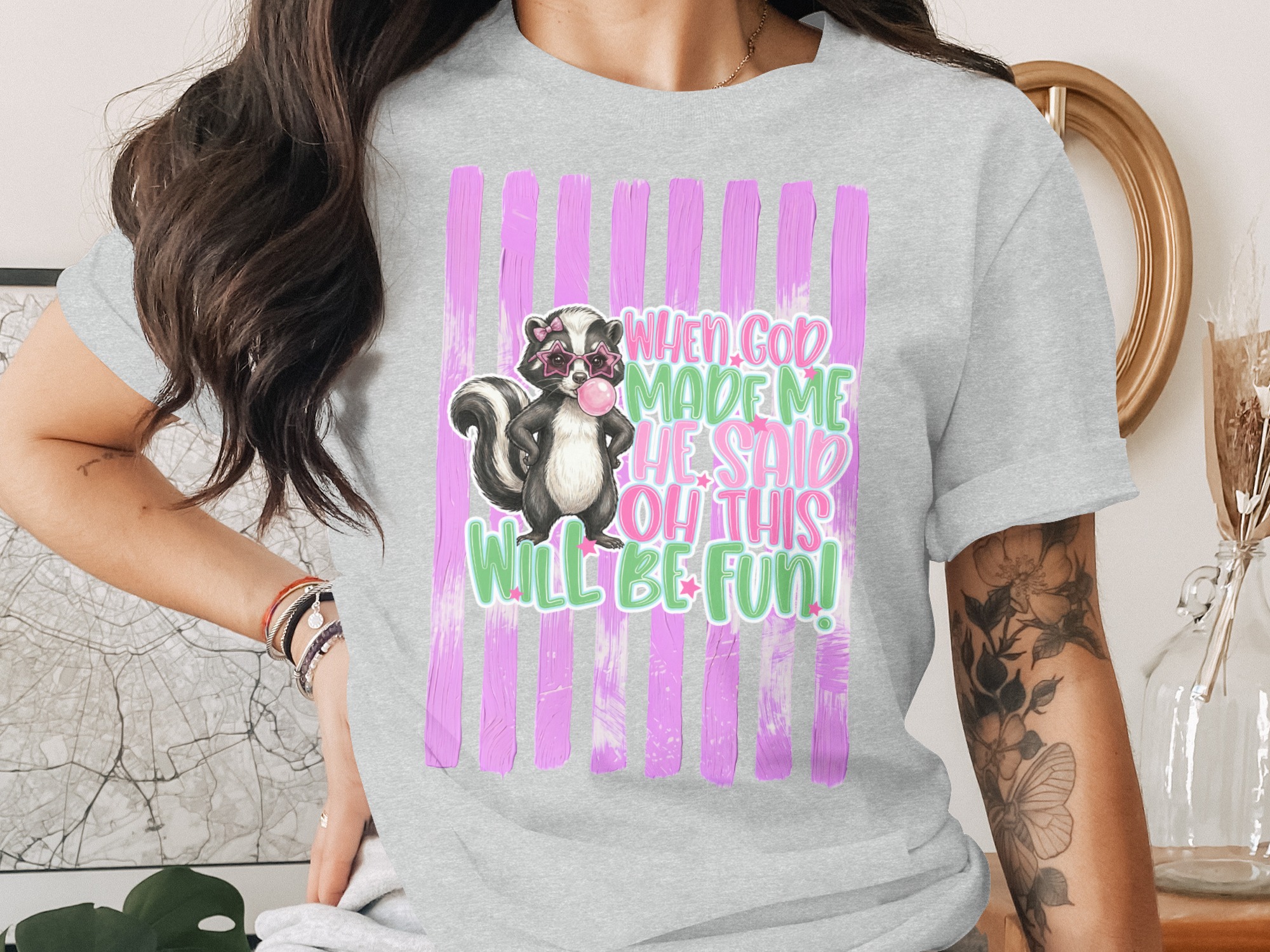 Comfort Colors® Funny Skunk T-Shirt, Sassy Bubblegum Skunk Tee, When God Made Me Oh This Will Be Fun Quote Shirt, Humorous Animal Lover Gift - Image 2