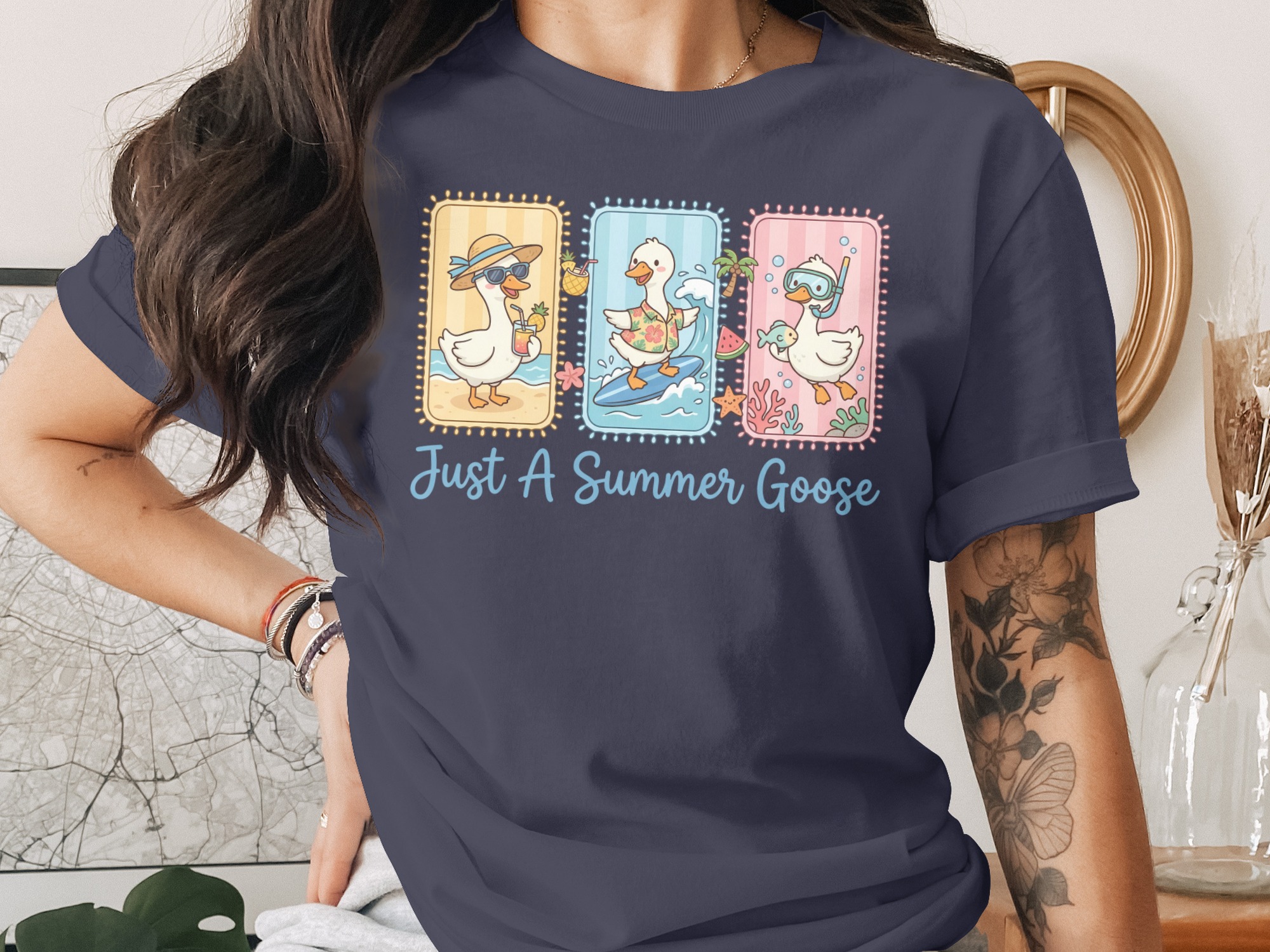 Just A Summer Goose T-Shirt, Cute Beach Vacation Tee, Kawaii Surfing Duck Snorkeling Ocean Animal Summer Vibes Graphic Shirt, Fun Holiday - Image 2